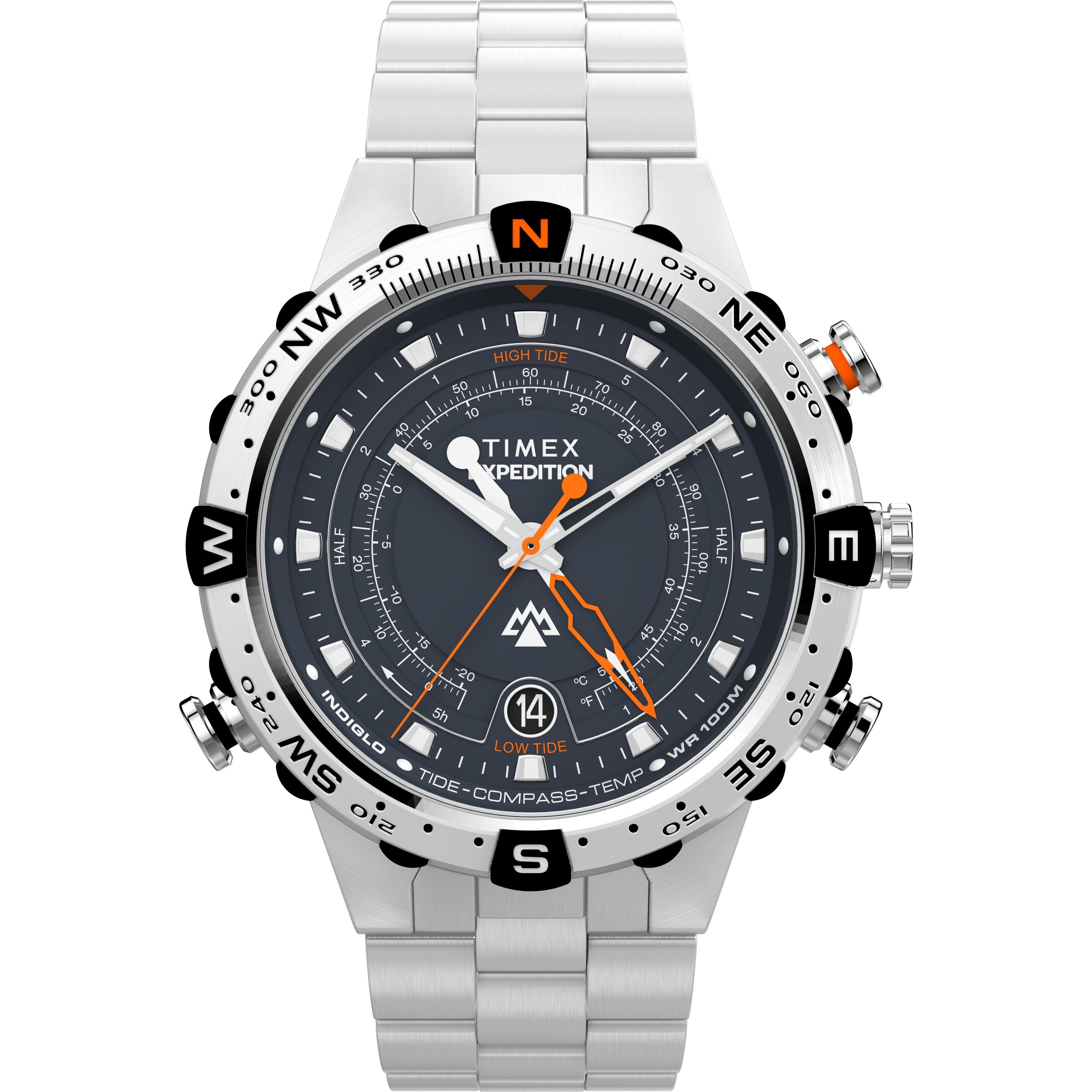 The Timex Expedition Tide-Temp-Compass is a stainless-steel wristwatch featuring a black dial, silver and orange hands, multiple subdials, compass bezel markings, and a date display at 6 o’clock.