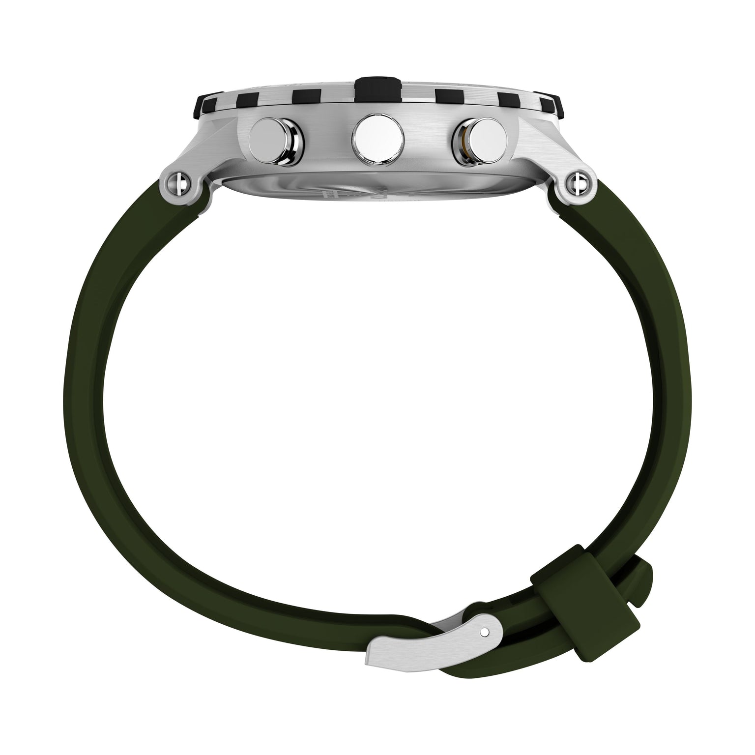 Side view of the Timex Expedition® Tide-Temp-Compass watch with a silver round case, black bezel, three side buttons, dark green strap, and silver buckle, shown against a white background.