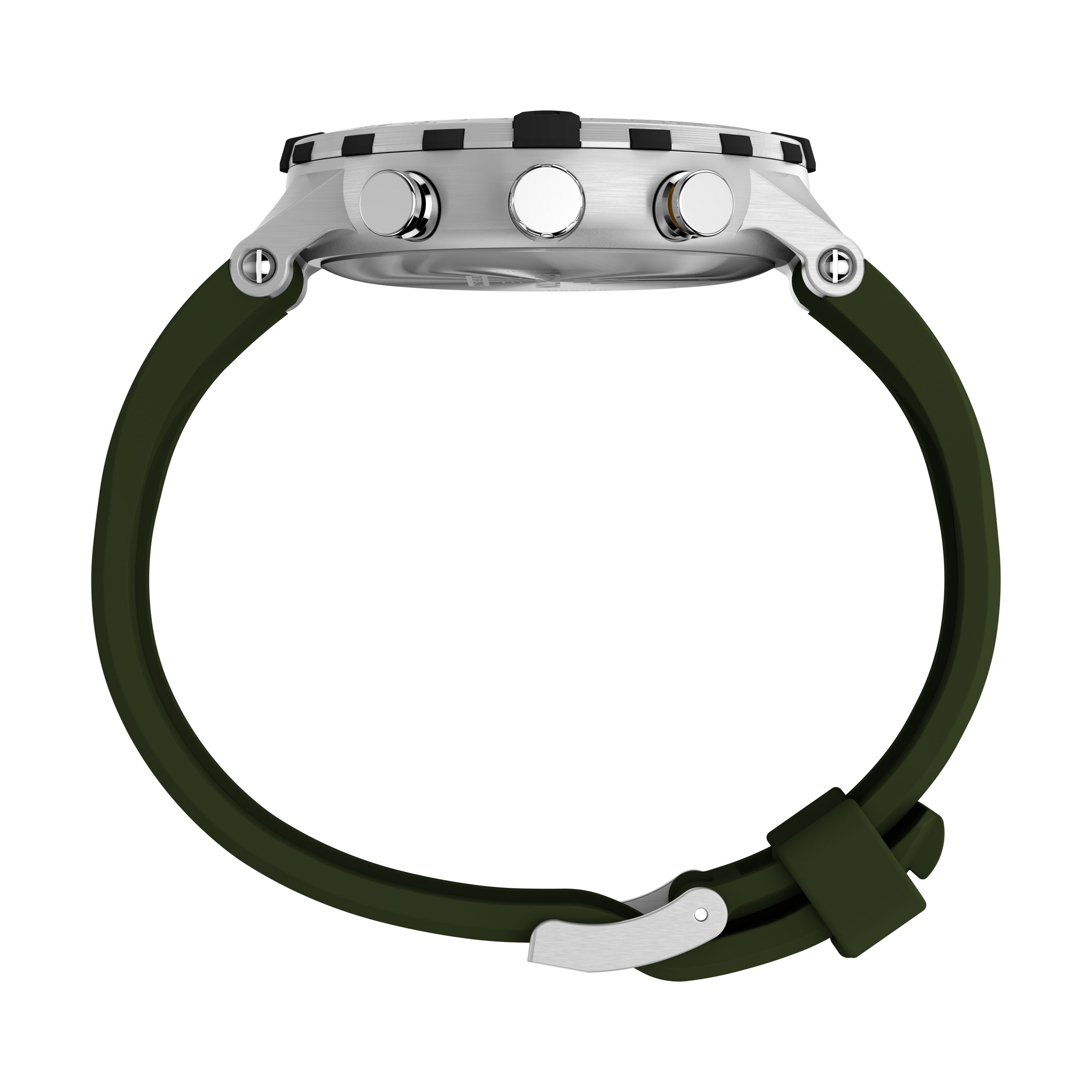 Side view of the Timex Expedition® Tide-Temp-Compass watch with a silver round case, black bezel, three side buttons, dark green strap, and silver buckle, shown against a white background.