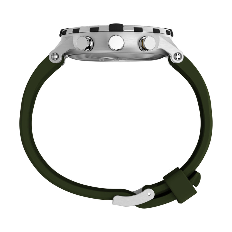 Side view of the Timex Expedition® Tide-Temp-Compass watch with a silver round case, black bezel, three side buttons, dark green strap, and silver buckle, shown against a white background.