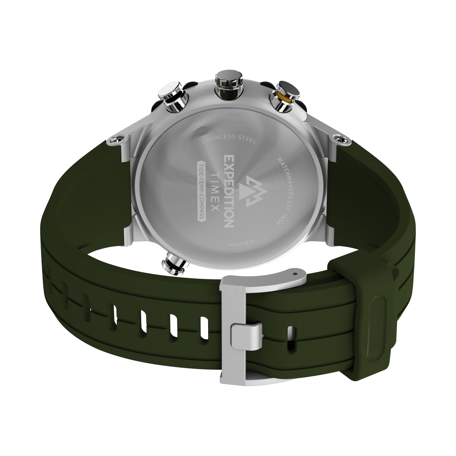 The image shows the back of a Timex Expedition® Tide-Temp-Compass watch with a stainless steel case and a dark green rubber strap featuring a silver buckle.