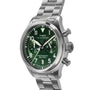 The Timex G SS QZ WATRBUY TRAD ACE CH 41 GRN DL 25 is a stainless steel chronograph pilot’s watch with a green dial, silver indices, two subdials, date at 6 o’clock, metal bracelet, and angled to show its crown and pushers.