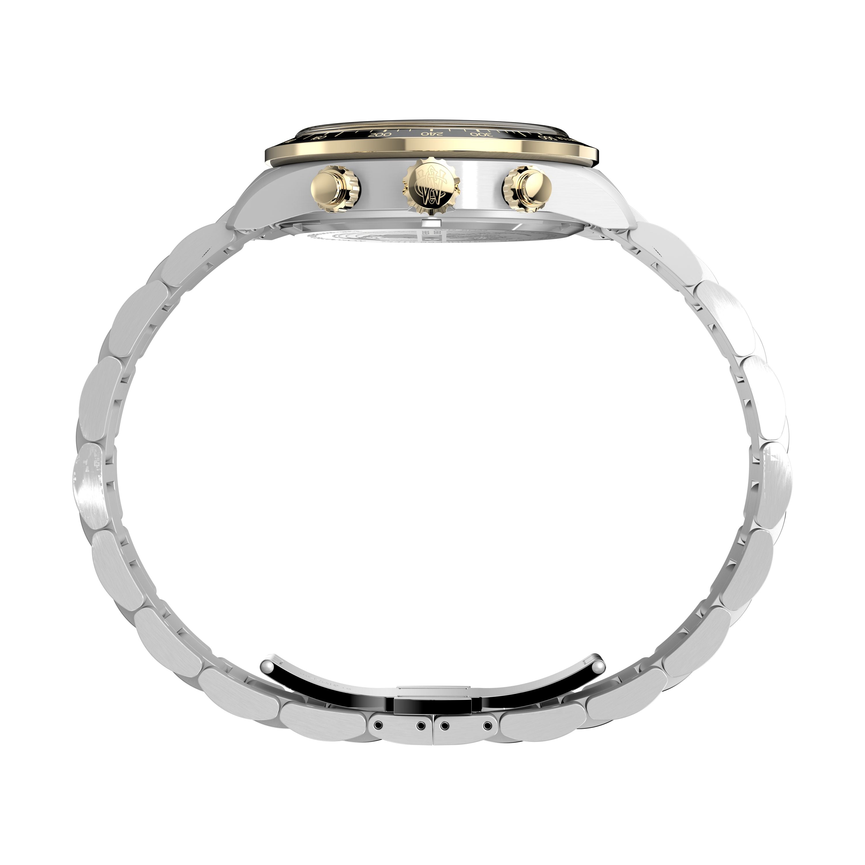 Side view of the Timex Waterbury Heritage Chronograph featuring a silver stainless steel band, gold crown and pushers, and a black tachymeter bezel on the watch face.