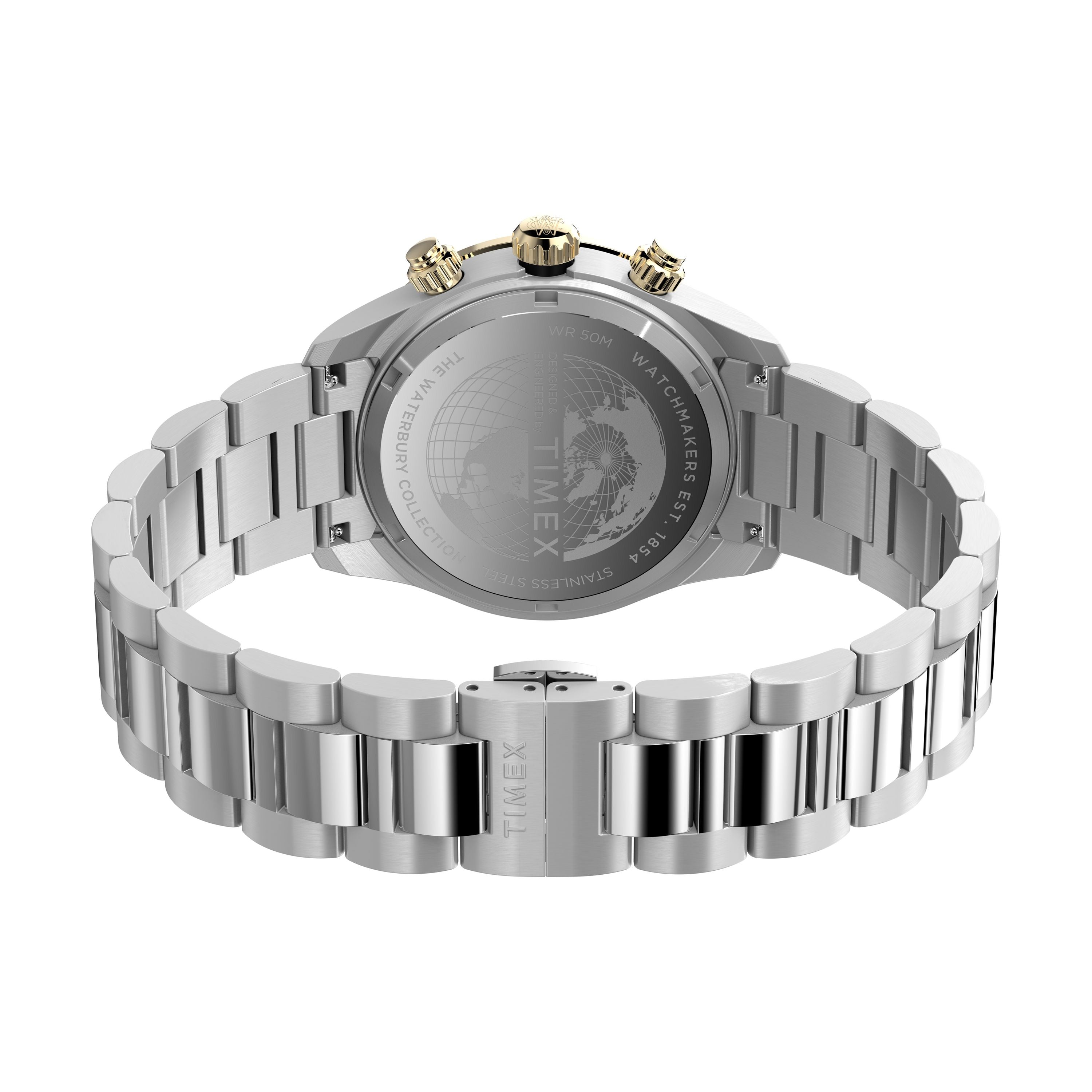A close-up of the Timex Waterbury Heritage Chronograph shows its metal link band, gold-tone buttons, engraved case details, and a clasp featuring the Timex logo.