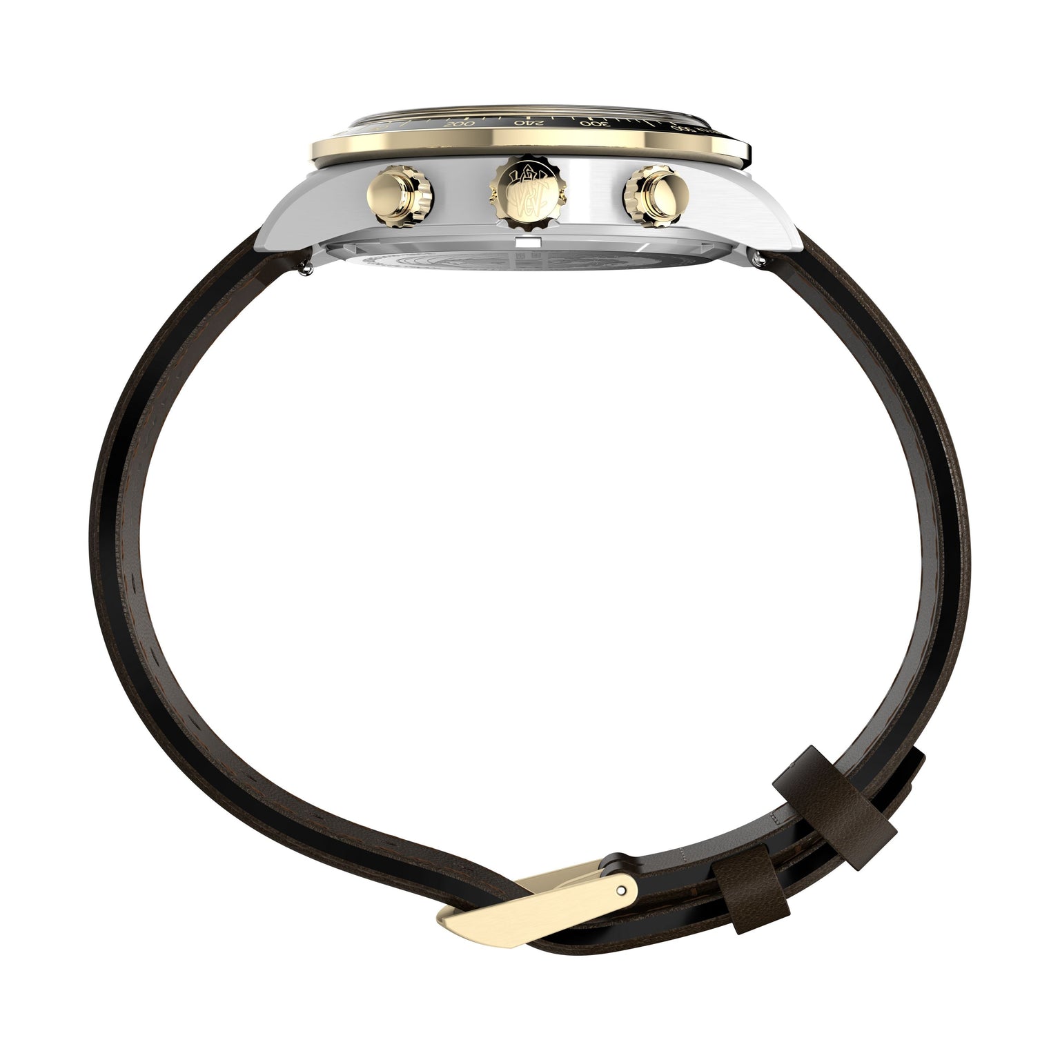 Side view of the Timex Waterbury Heritage Chronograph, featuring a round stainless-steel case, gold crown and buttons, dark brown leather strap with gold buckle, and the strap fastened through two loops.
