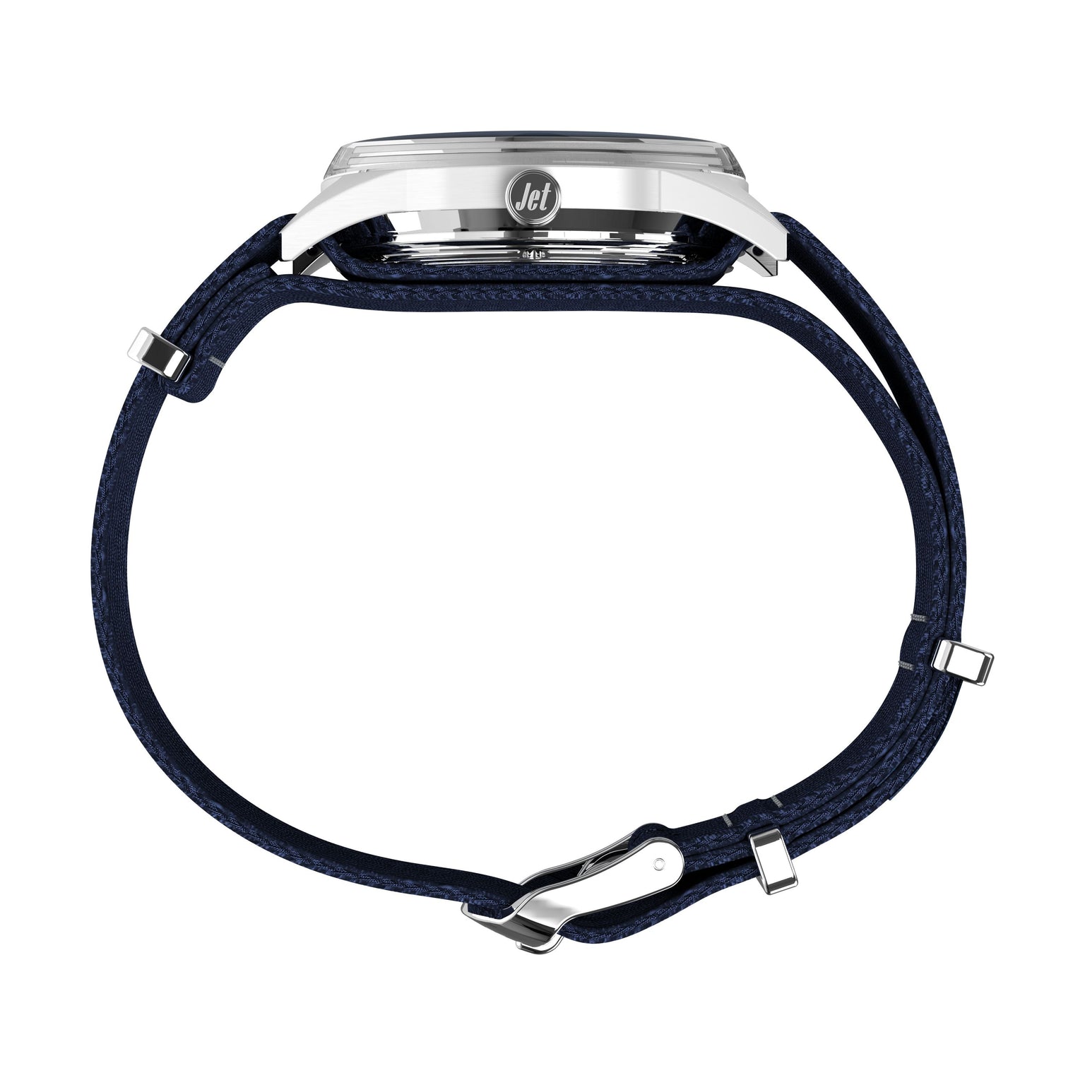 Side view of the Timex Marlin® Jet Automatic, featuring a silver case labeled "Jet," a dark blue fabric strap laid flat and unclasped, showcasing its retro-futuristic design and domed Hesalite crystal.