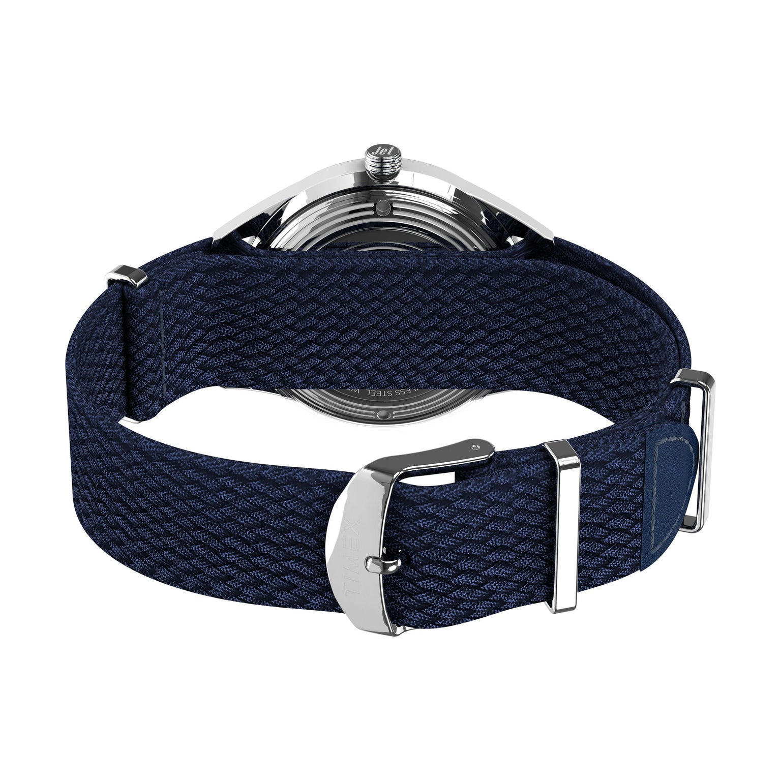 A close-up view of the Timex Marlin® Jet Automatic showcases its blue textured fabric strap with a silver buckle, highlighting the retro-futuristic case underside and detailed strap design from the back.