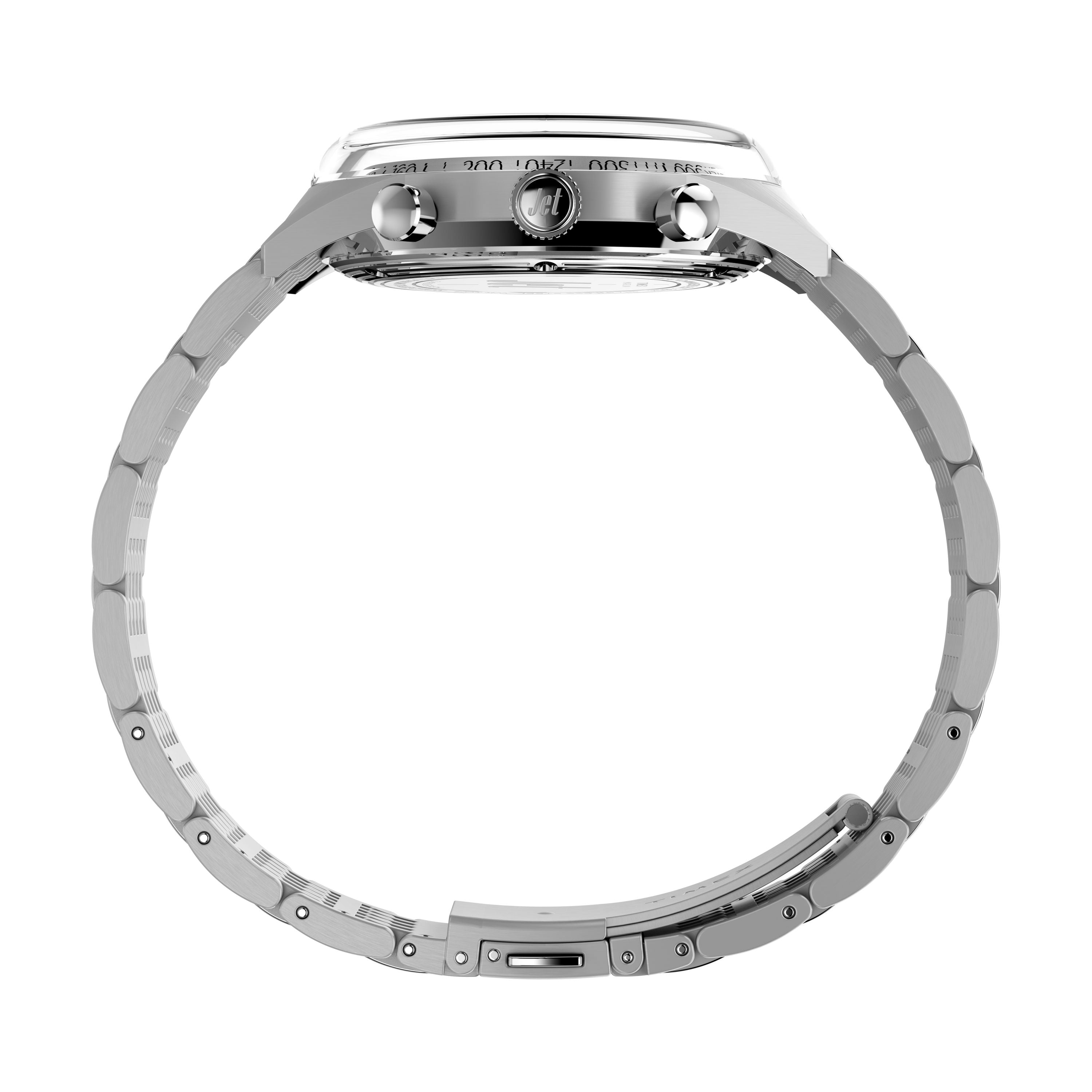 Side view of the Timex Marlin® Jet Quartz Chronograph, a silver retro-futuristic watch with round face, visible crown, two right pushers, closed bracelet clasp, all under a Hesalite domed crystal.