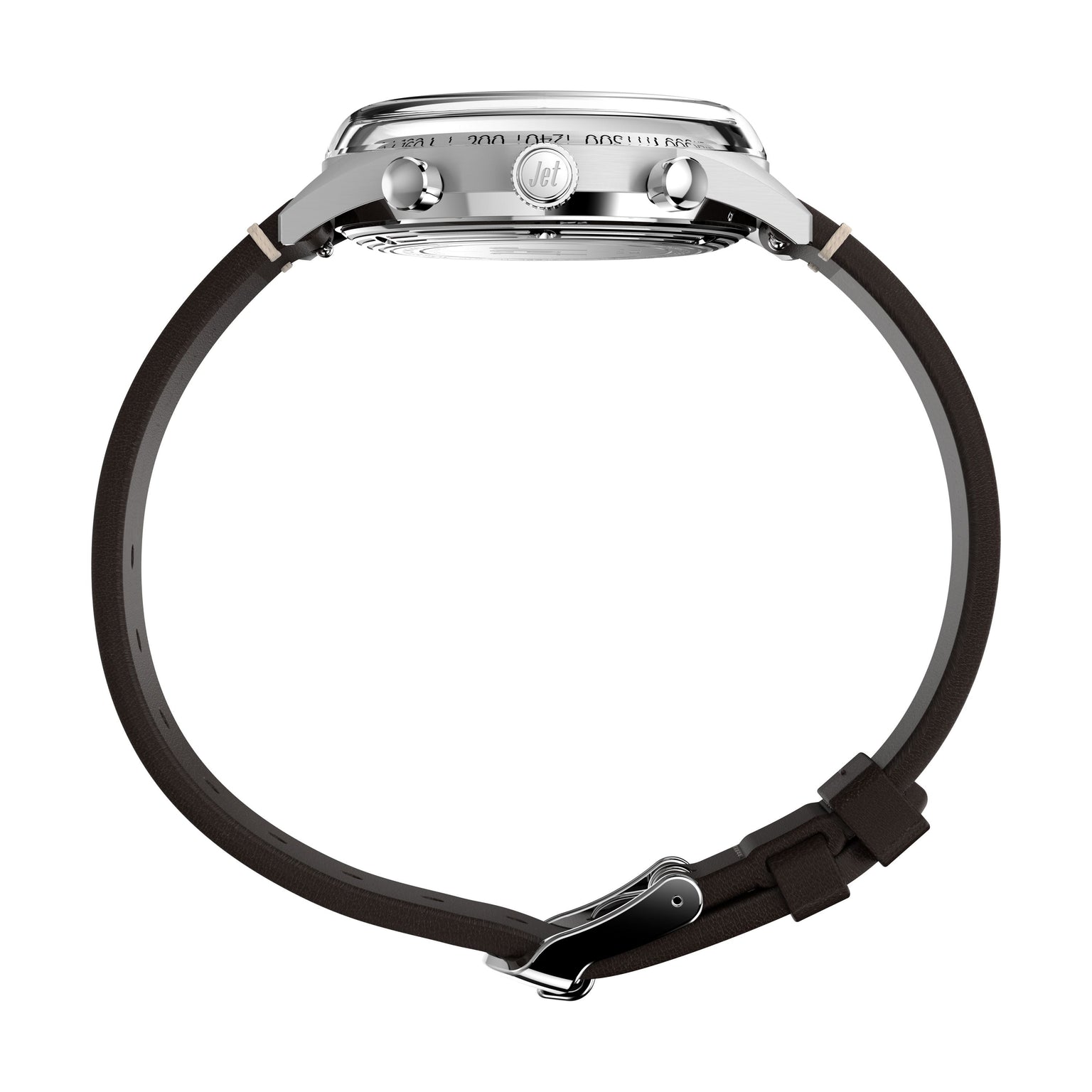 Side view of the Timex G SS QZ SW JET 40 BROWN DL BWN STP 25, showcasing a domed Hesalite crystal, two push buttons, a crown, and a dark brown leather strap with metallic buckle, set against a white background.