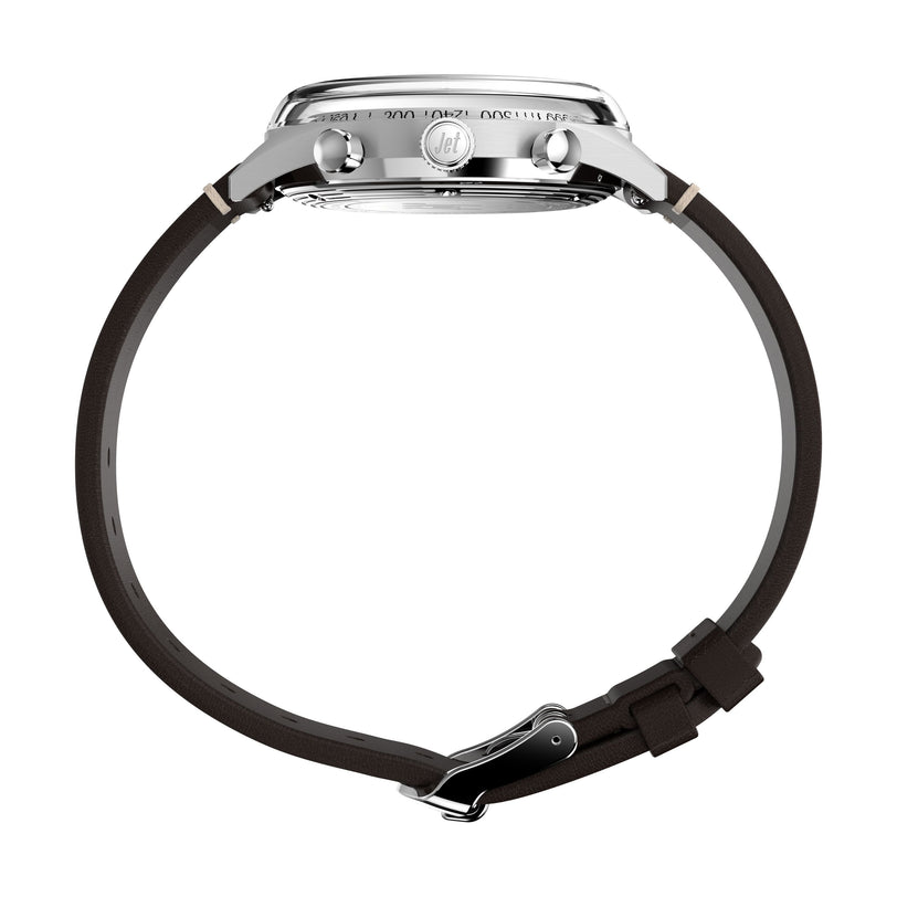 Side view of the Timex G SS QZ SW JET 40 BROWN DL BWN STP 25, showcasing a domed Hesalite crystal, two push buttons, a crown, and a dark brown leather strap with metallic buckle, set against a white background.