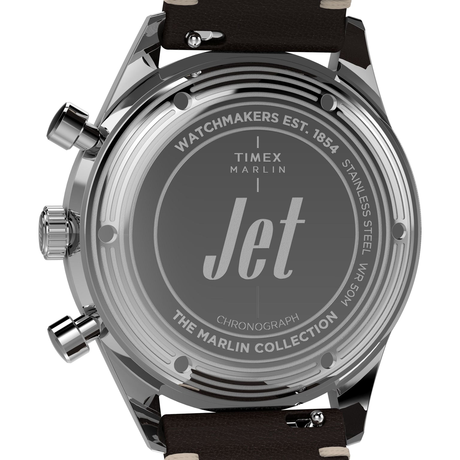 Close-up of the Timex G SS QZ SW JET 40 BROWN DL BWN STP 25’s back, showing engraved branding, chronograph function, stainless steel details, domed Hesalite crystal, black leather strap, and sleek metallic case.