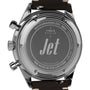 Close-up of the Timex G SS QZ SW JET 40 BROWN DL BWN STP 25’s back, showing engraved branding, chronograph function, stainless steel details, domed Hesalite crystal, black leather strap, and sleek metallic case.