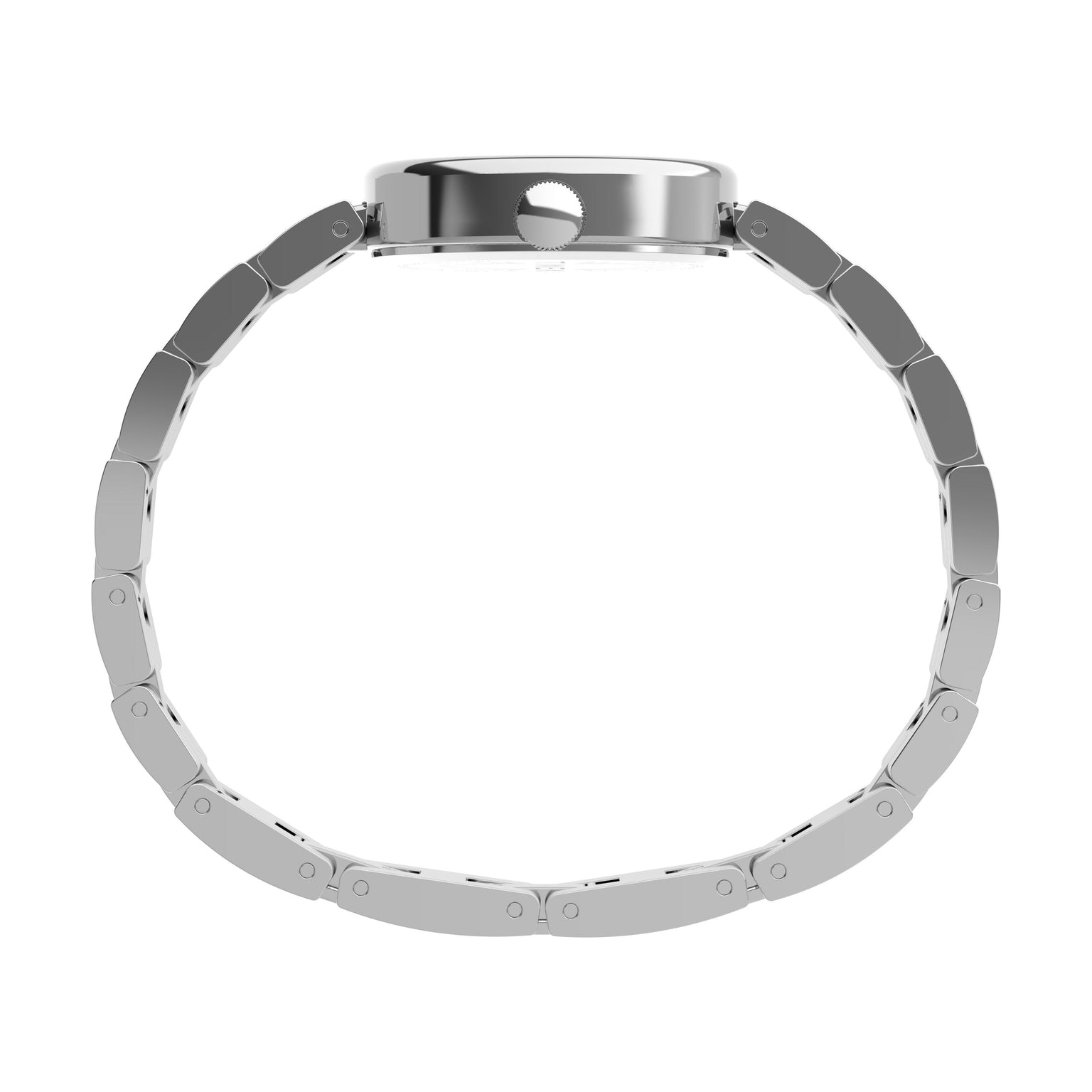 Side view of the Timex Cavatina featuring a silver-tone oval case, linked bracelet, crown on the case, and an aquamarine dial.