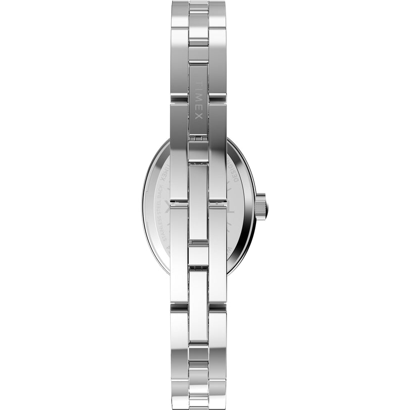 A side view of the Timex Cavatina Silver-tone Case and Bracelet with Aquamarine Dial showcases its slim profile, polished metal link band, and elegant oval case.