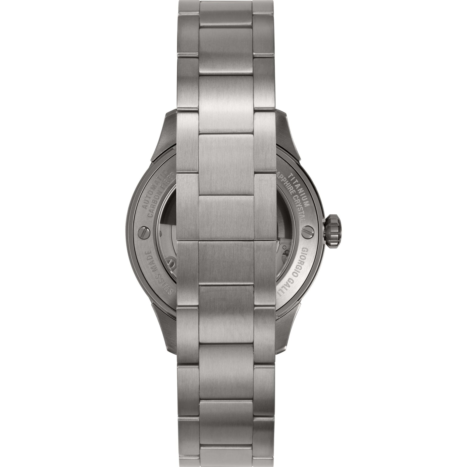 The back view of the Timex Giorgio Galli S2Ti Automatic shows its brushed stainless steel bracelet, visible clasp and links, and engraved text on the case back highlighting its Swiss automatic movement.