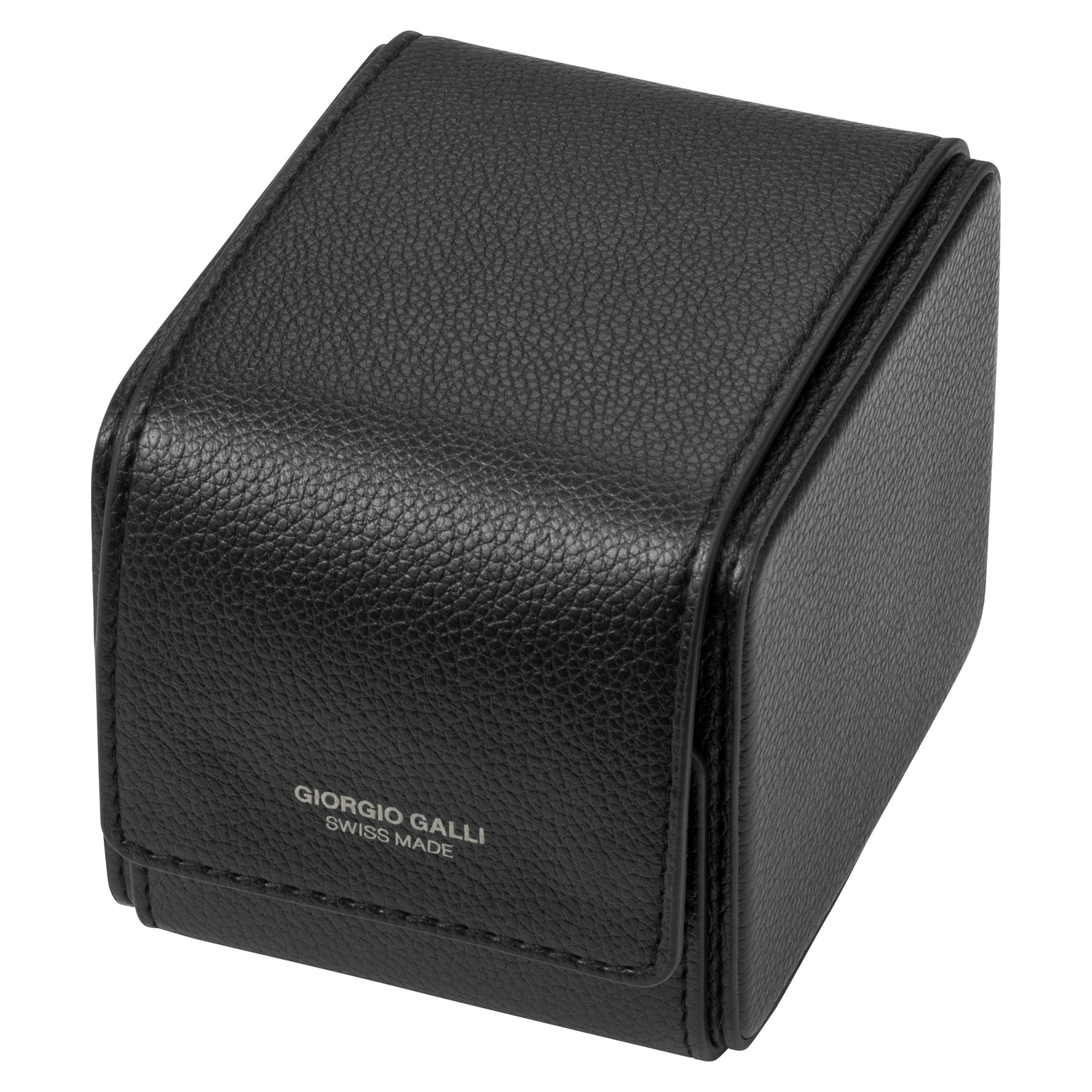 A black textured leather box with “GIORGIO GALLI SWISS MADE” in silver, designed for the Timex Giorgio Galli S2Ti Automatic—a 38mm titanium watch with Swiss automatic movement and a case featuring clean, sharp edges.