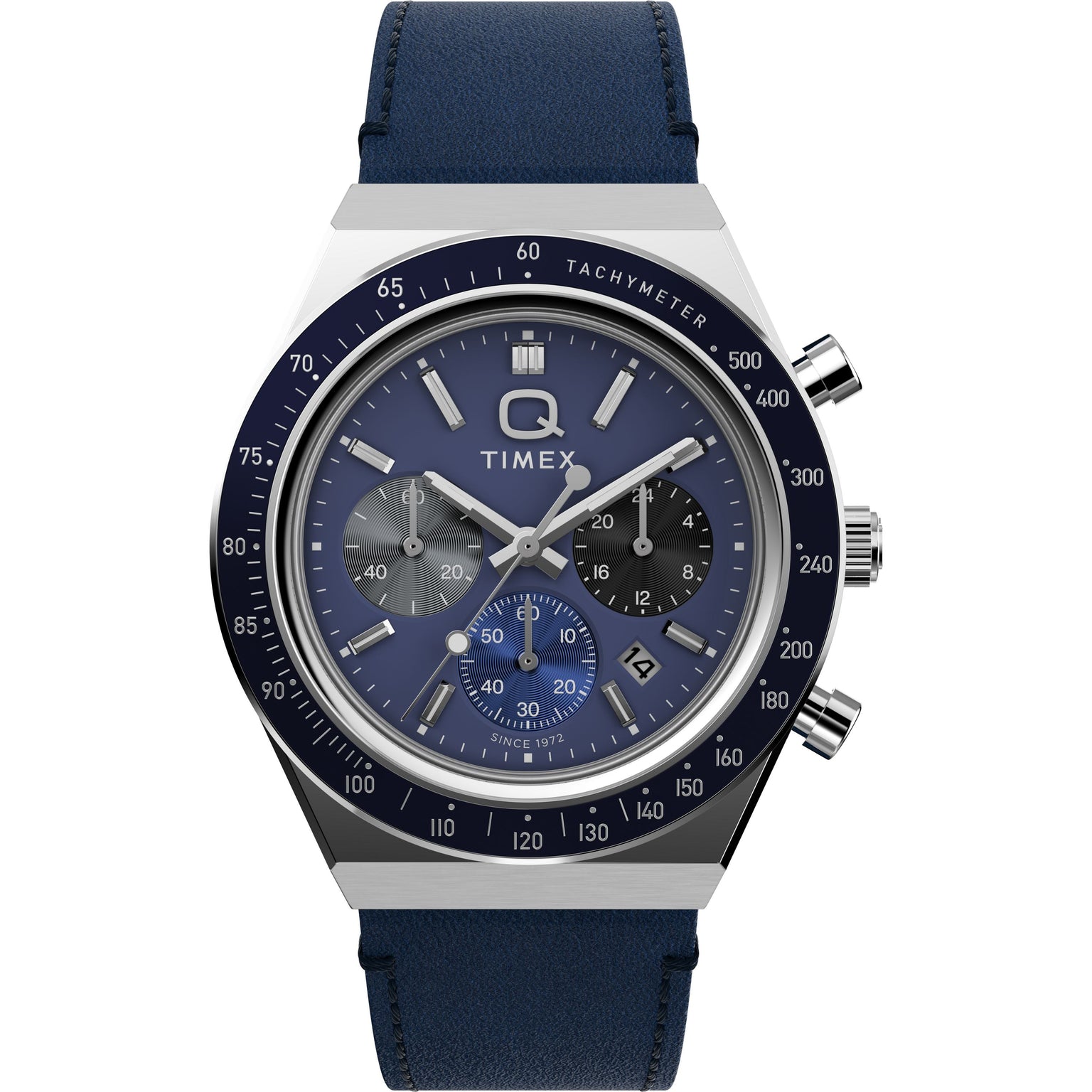 The Timex Q Chronograph features a blue and silver analog design with three subdials, a date window, tachymeter bezel, and blue leather strap—ideal for those looking for a modern racing-inspired watch.