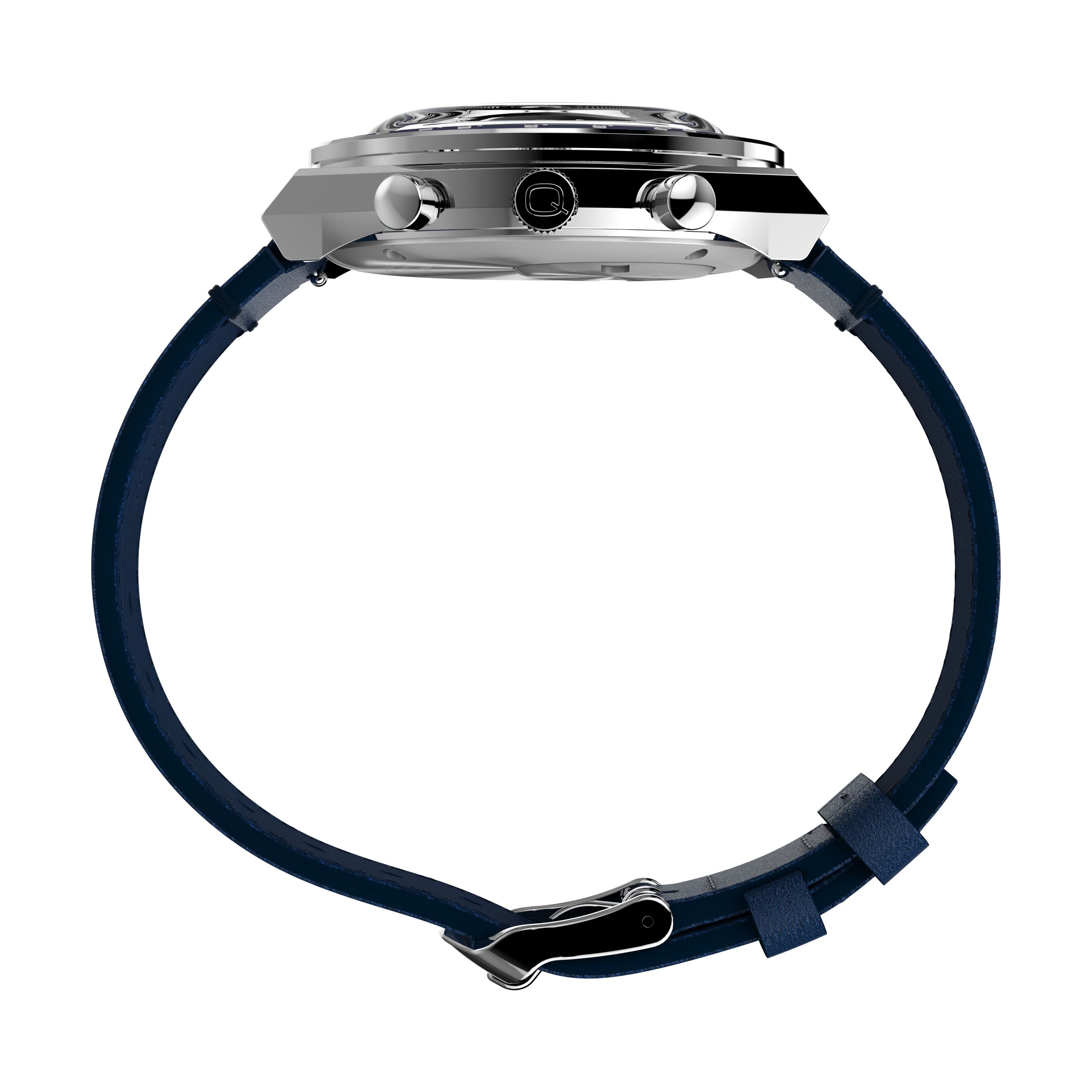 Side view of the Timex Q Chronograph racing watch, featuring a metallic case, two buttons, and a dark blue leather strap with buckle clasp. The watch's tachymeter bezel and face are not visible.