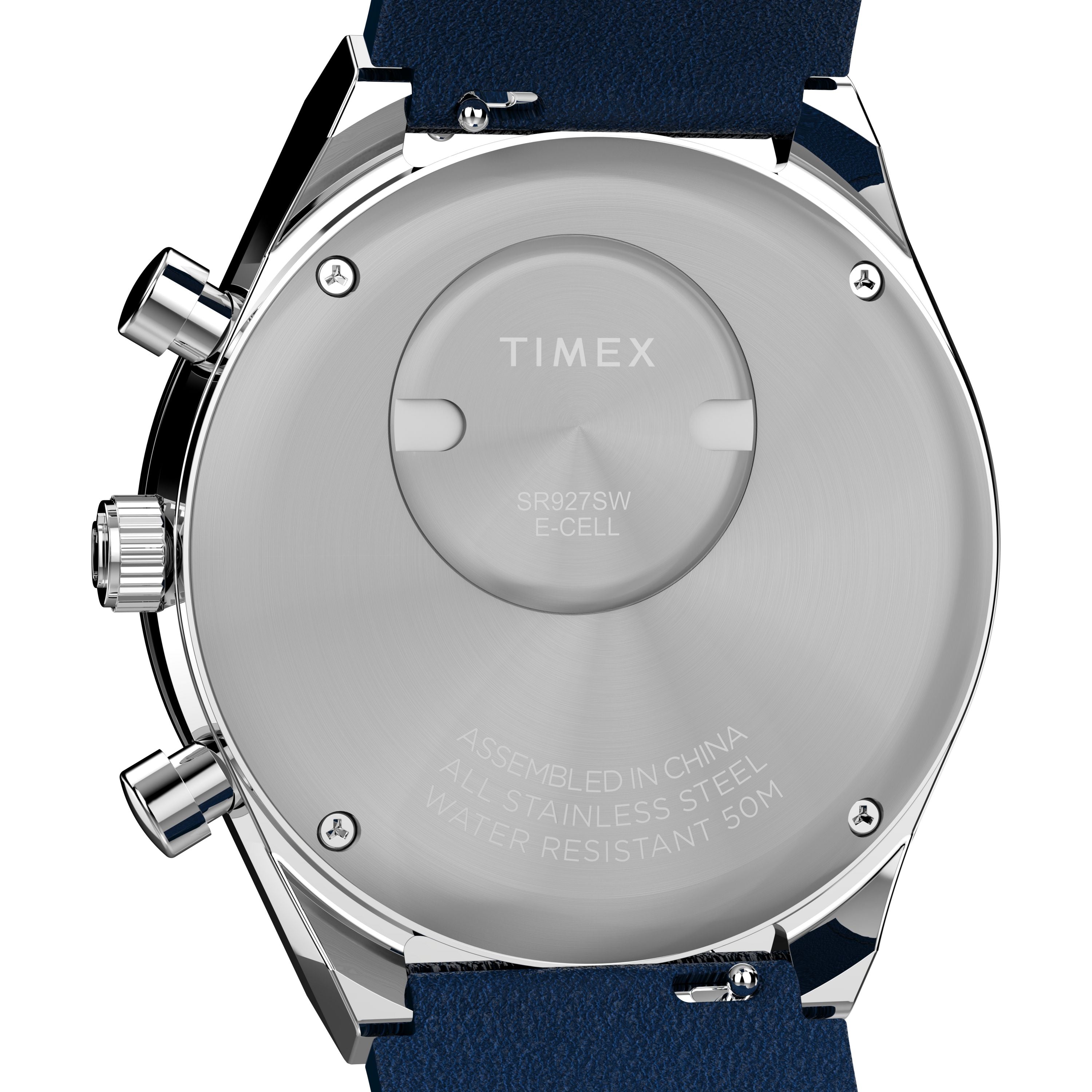 Close-up of the back of a Timex Q Chronograph watch featuring a stainless steel case, blue leather strap, engraved model details, 50m water resistance, and “China” as the country of assembly.