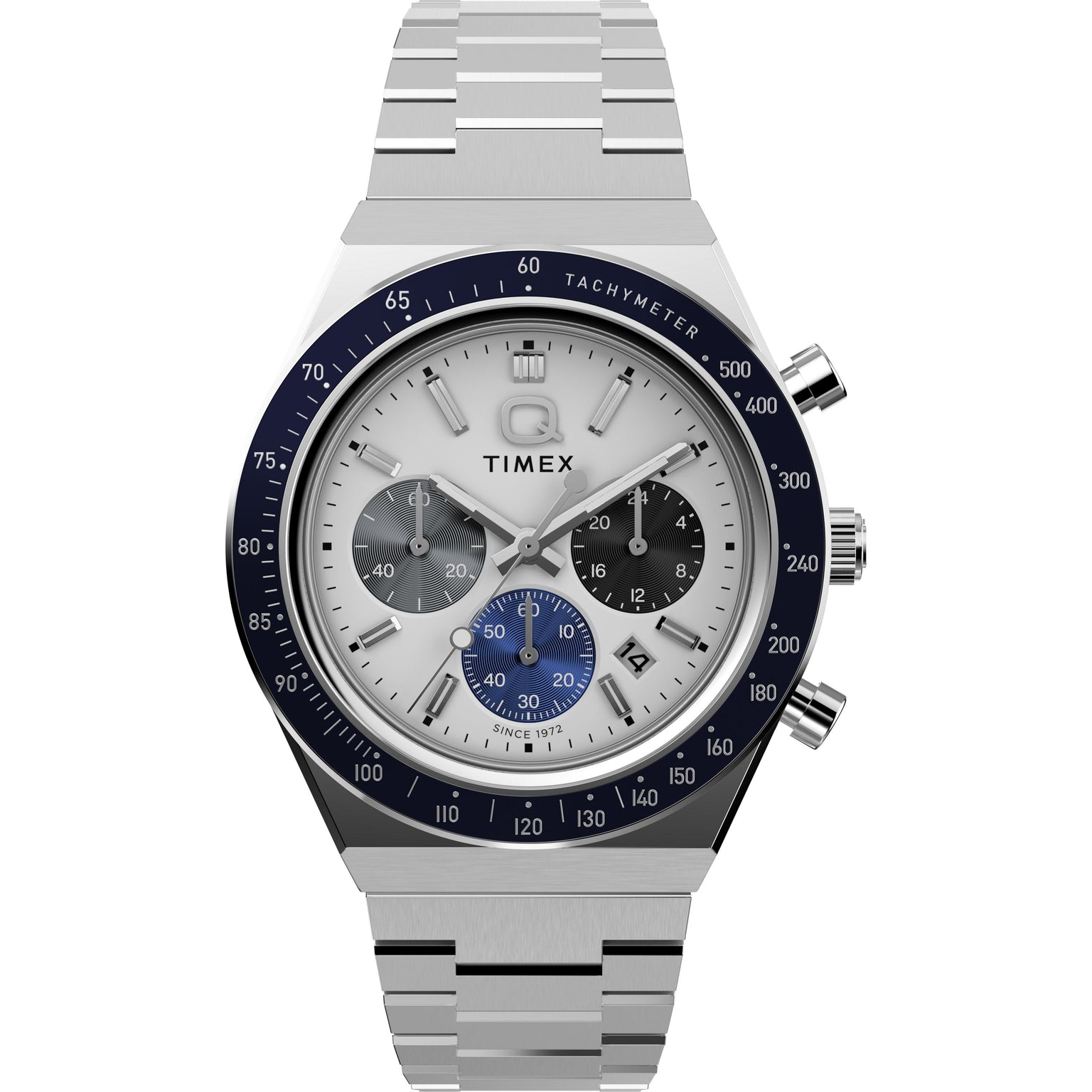 The Timex Q Chronograph features a silver case, blue and white dial, three subdials, date window, two side buttons, and a stainless steel bracelet, shown against a white background.