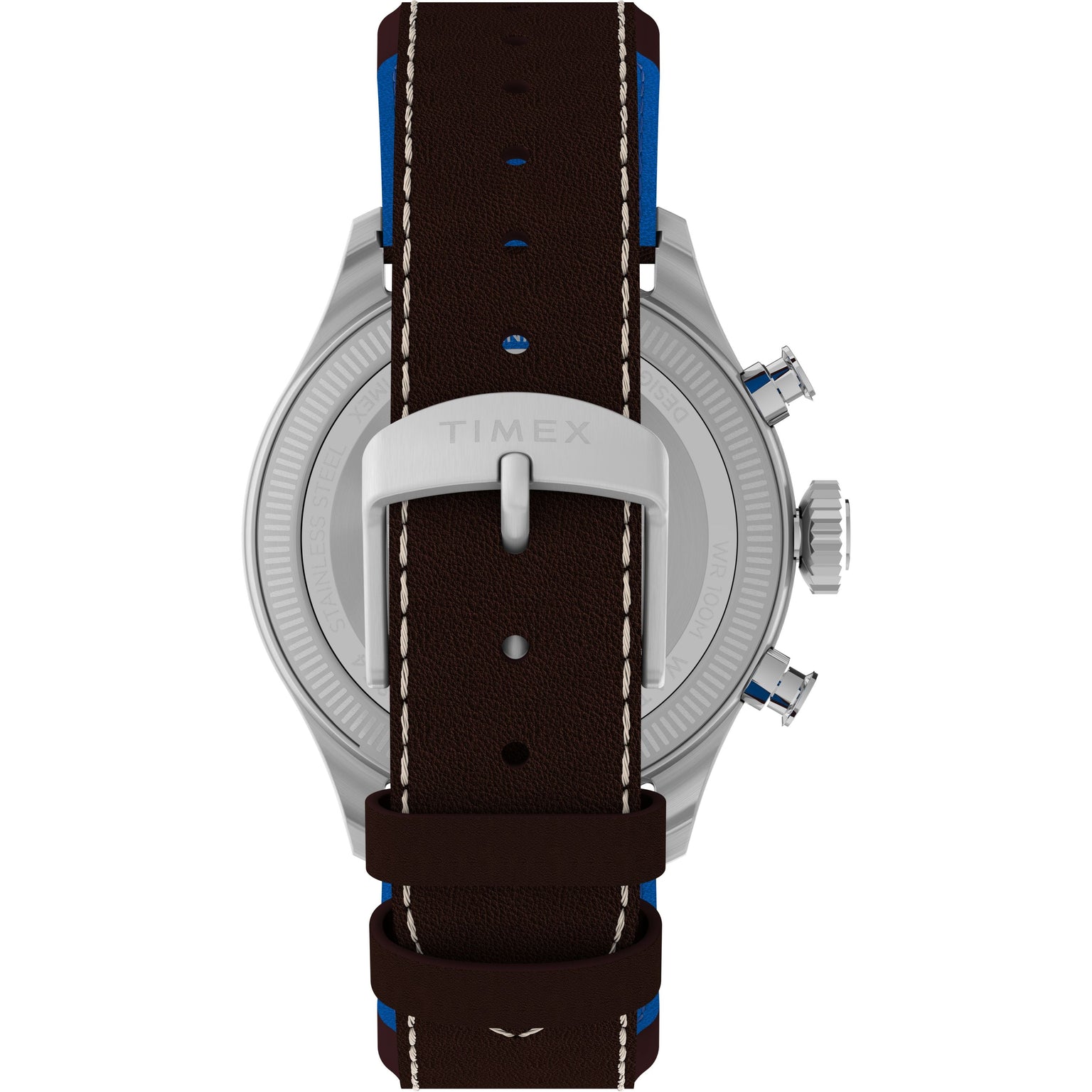 Back view of the Timex x Pan Am® Waterbury Ace Chronograph featuring a dark brown leather strap with white stitching, blue accents, and a silver engraved TIMEX buckle. The stainless steel case and two push buttons are also partially visible.