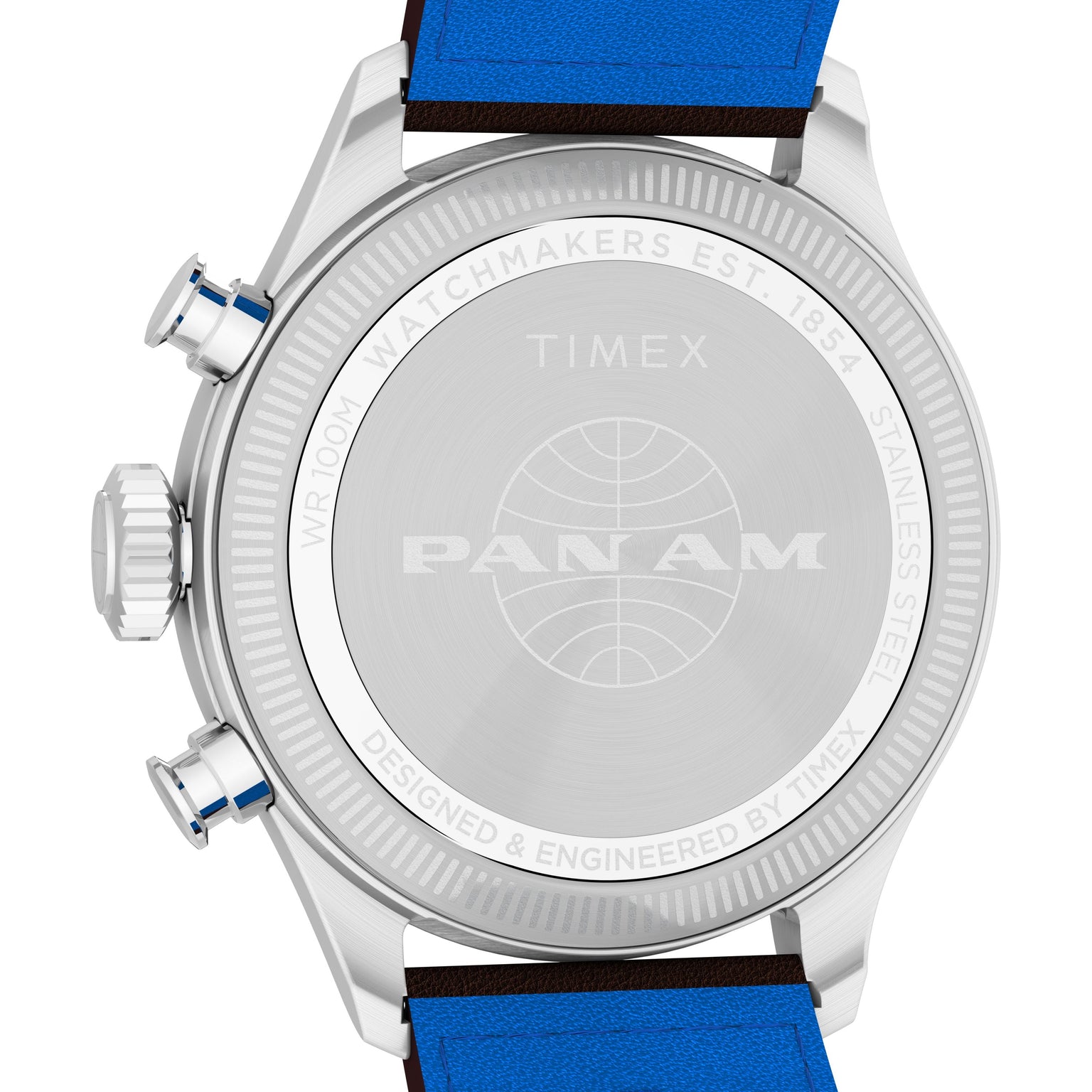 Close-up of the back of the Timex x Pan Am® Waterbury Ace Chronograph, featuring a blue strap, engraved PAN AM logo, stainless steel case with detailed markings, and two side buttons.