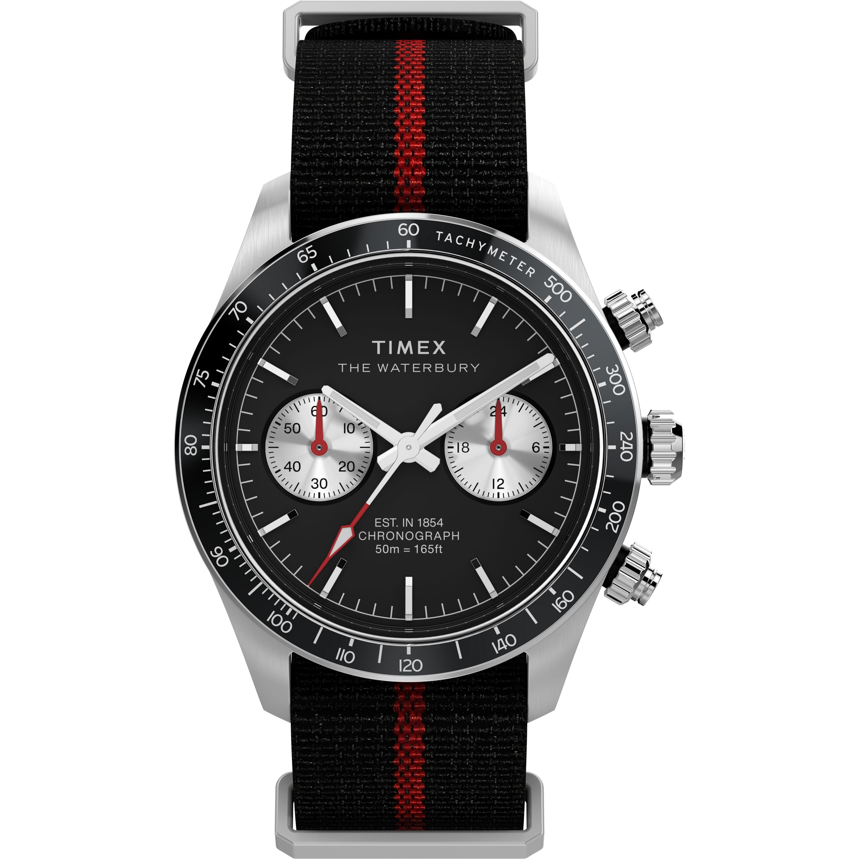 The Timex Waterbury Heritage Chronograph features a black dial with three subdials, silver accents, a recycled fabric strap with a red center stripe, and a functional tachymeter bezel for sporty style.