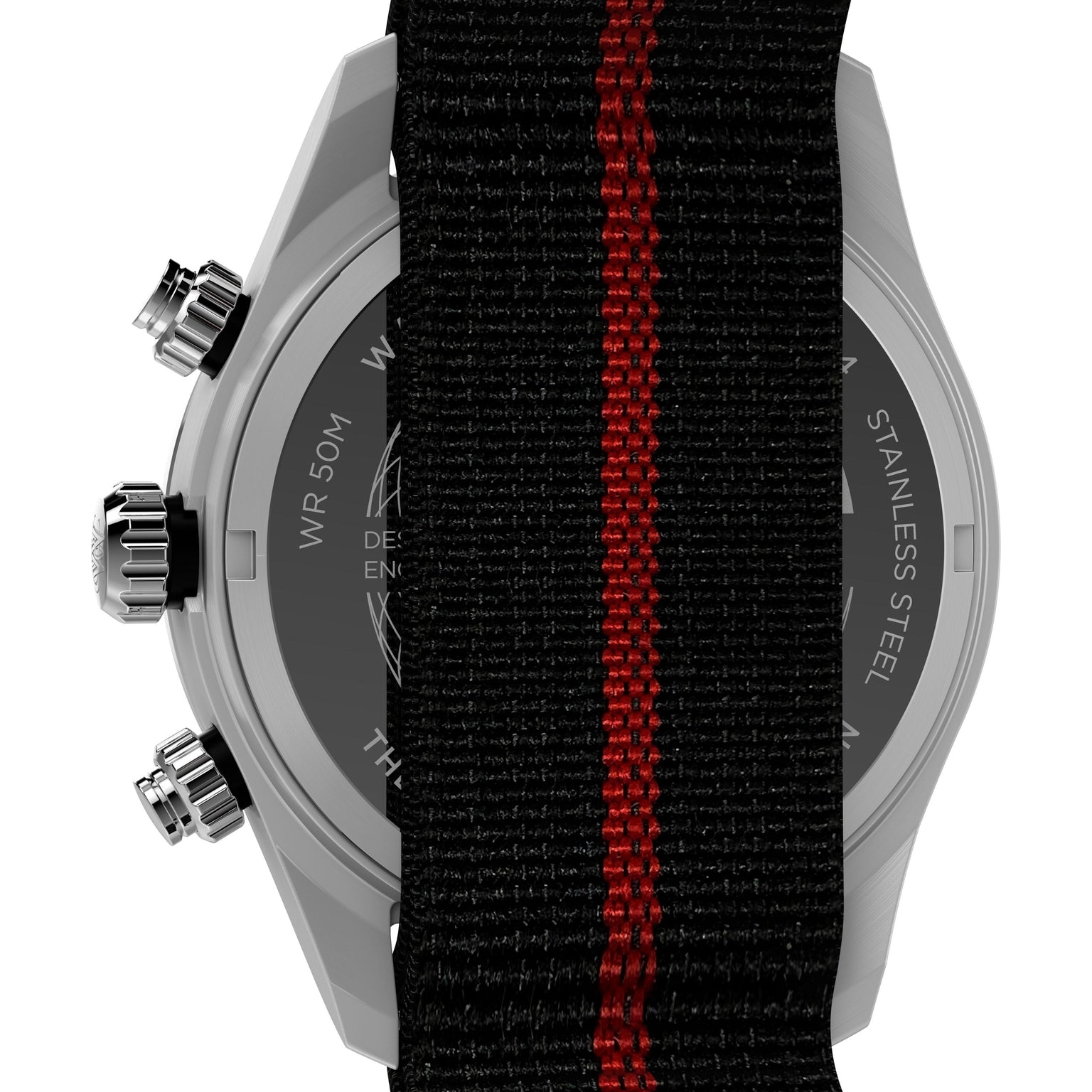 The Timex G SS QZ WTRBY HERT 39 BLK DL FABR STP 25 features two pushers and a crown, with its back partially covered by a recycled fabric strap showcasing a striking red central stripe.