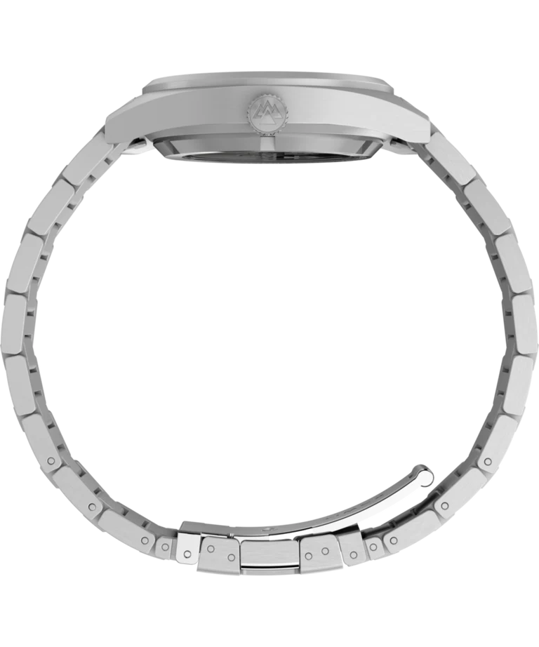 Side view of the Timex Expedition® Capstone Automatic watch, showing its stainless-steel case, closed link bracelet, and visible crown against a plain white background.