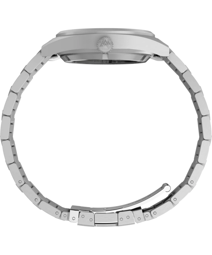 Side view of the Timex Expedition® Capstone Automatic watch, showing its stainless-steel case, closed link bracelet, and visible crown against a plain white background.