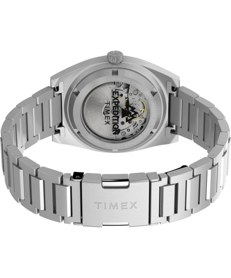 Back view of the Timex G SS AU BW Capstone 39 BLK DL 25 featuring a stainless-steel case, exhibition case back showing the mechanical movement, and a metal bracelet with TIMEX engraved on the clasp.