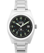 The Timex Expedition® Capstone Automatic features a Japanese automatic movement, silver stainless-steel band, black dial, luminous Arabic numerals, white hour and minute hands, blue second hand, date at 3 o'clock, and AUTOMATIC above 6.