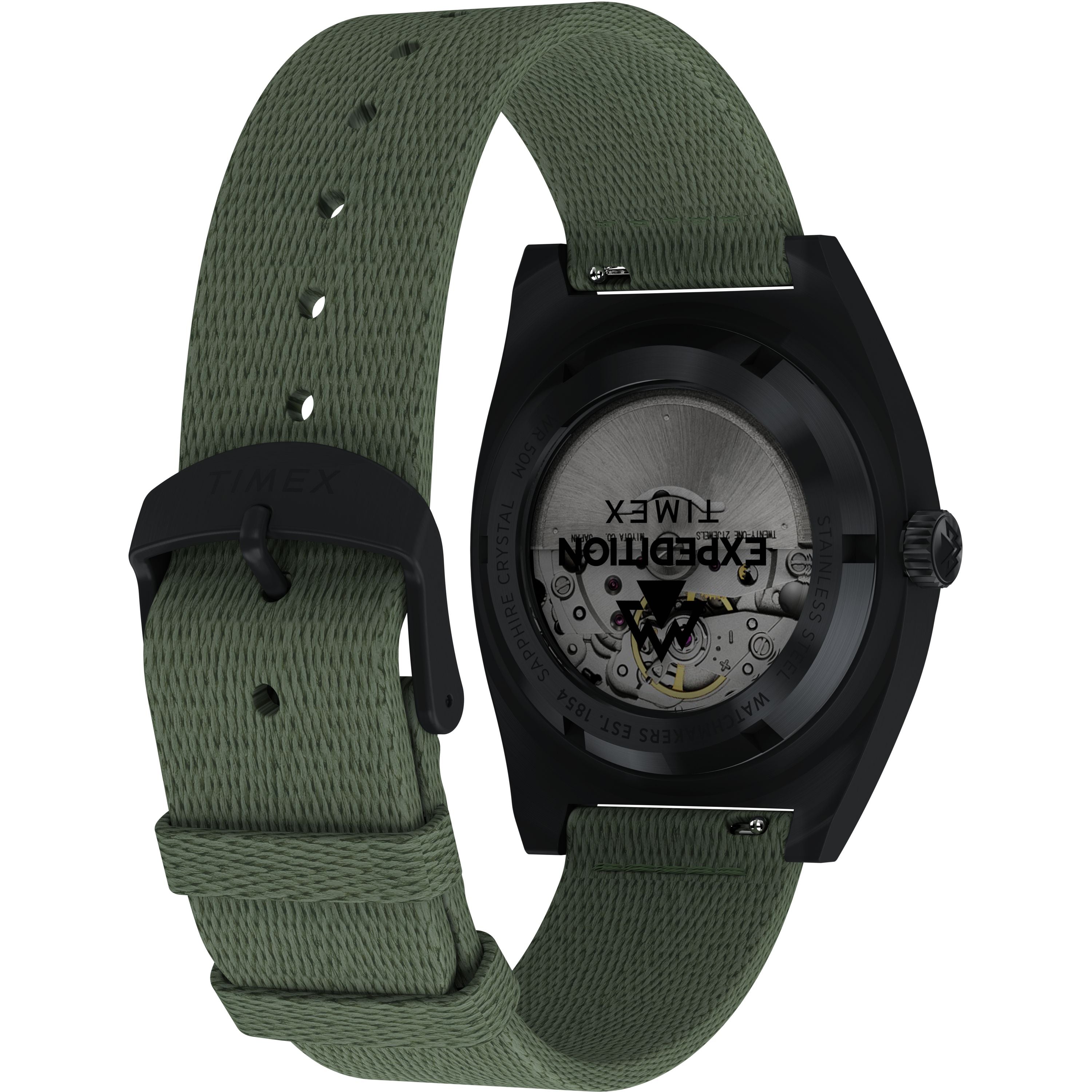 The Timex Expedition® Capstone Automatic is shown from the back, featuring a black case, green textured strap, and an engraved 39mm stainless steel caseback with branding and design details.
