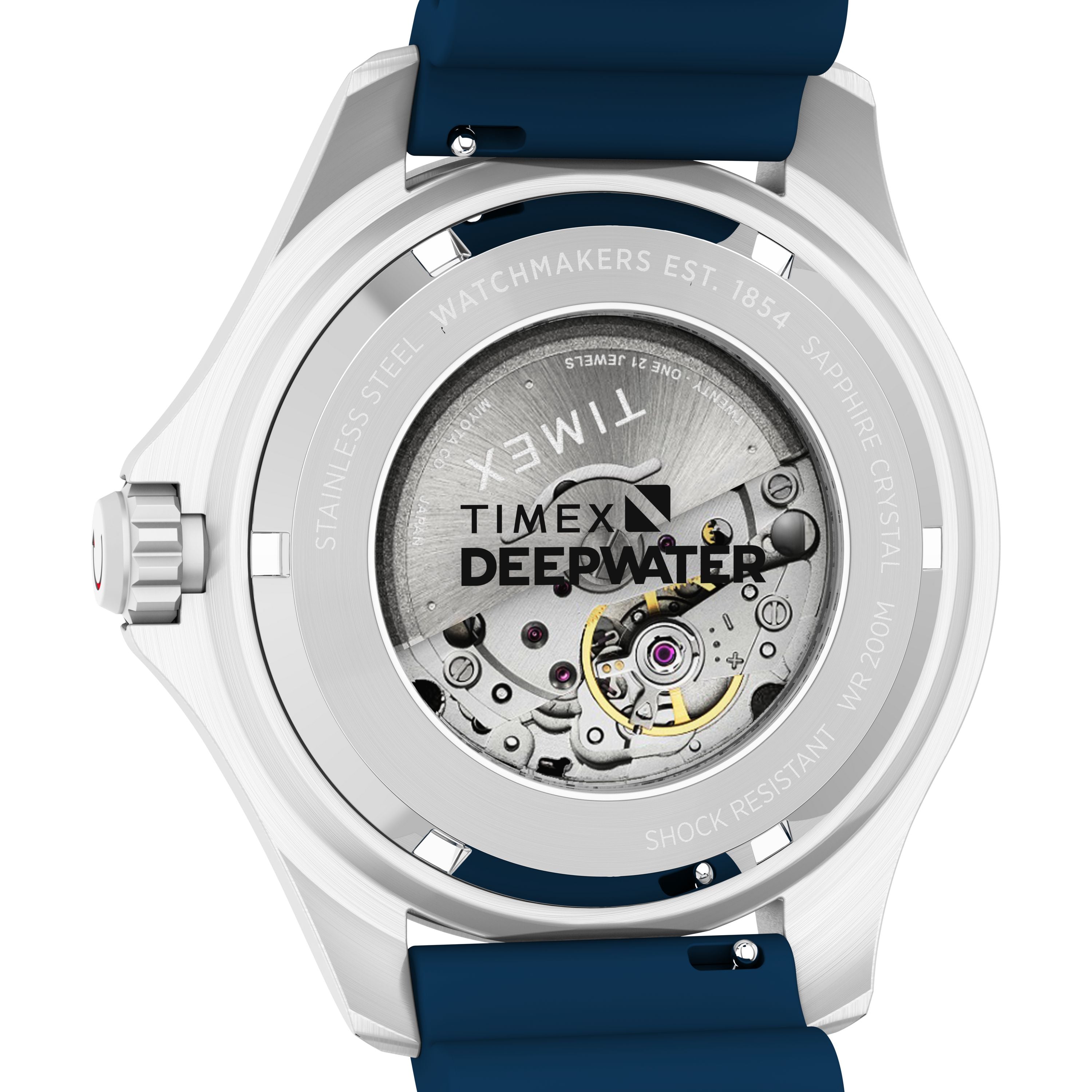 Close-up of the Timex G SS AU SW DEEP WTR MERIDIAN 44 BLU DL 25 dive watch, highlighting its stainless steel case, engraved details, blue strap, and exposed automatic movement visible through the transparent caseback.