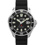 The Timex Deepwater Meridian 200 Automatic features recycled stainless steel, a black dial with large luminous markers, black rotating bezel, black rubber strap, date window at 3 o’clock, and 200m water resistance.