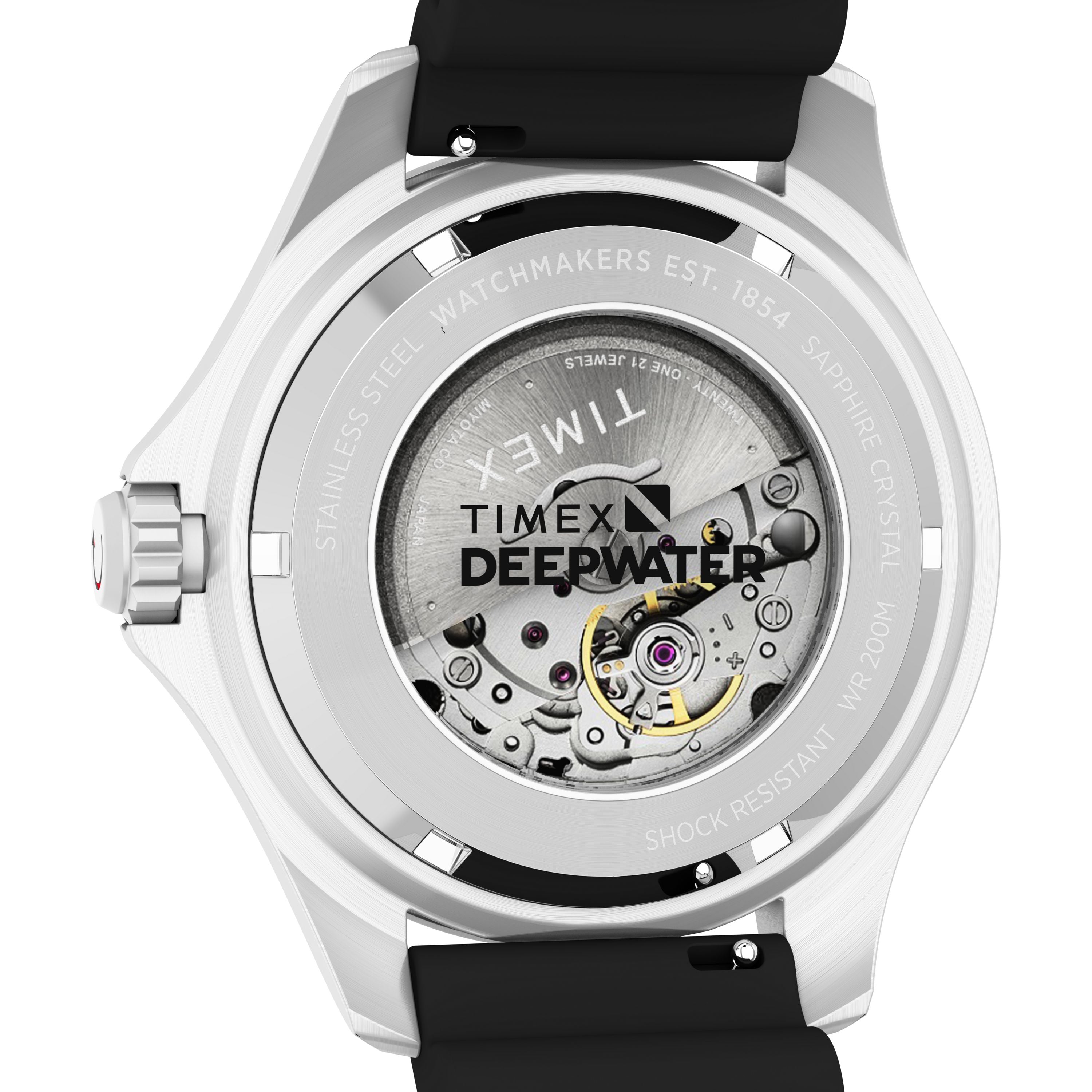 Back view of the Timex Deepwater Meridian 200 Automatic shows its transparent case back, revealing the mechanical movement and engraved details on the recycled stainless-steel silver case about 200m water resistance.