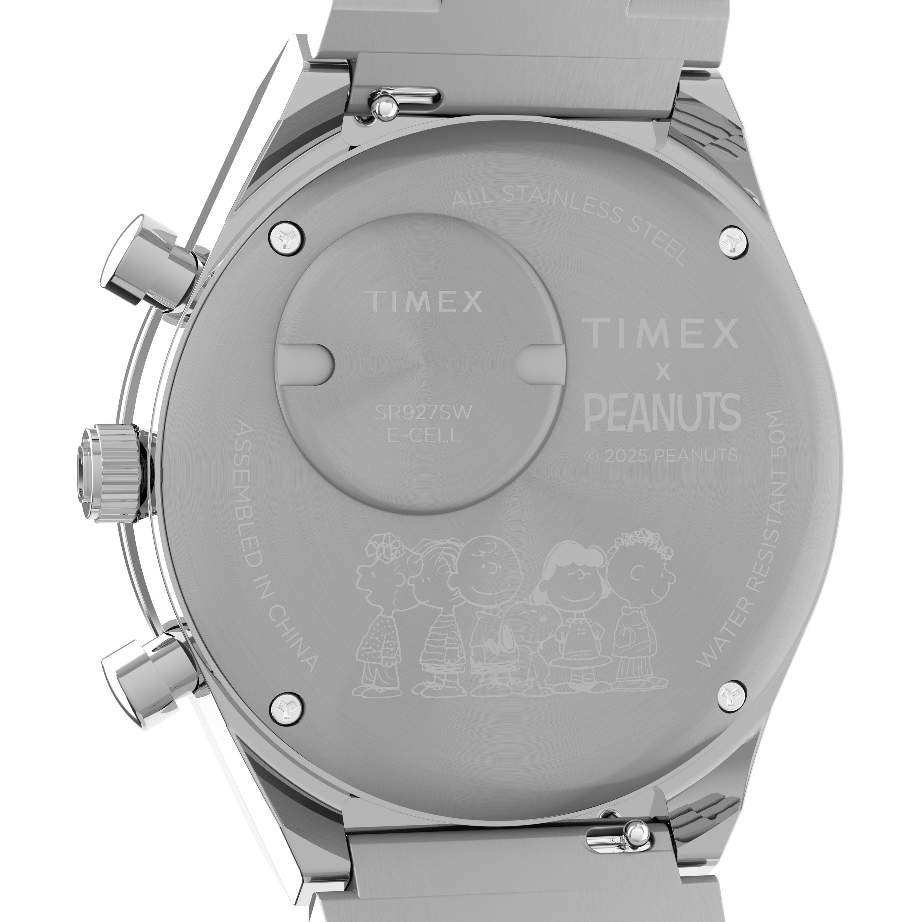 The back of the Timex x Peanuts® Q Chronograph shows engraved Peanuts characters, TIMEX x PEANUTS text, stainless-steel bracelet details, assembled in China, and 50M water resistance.