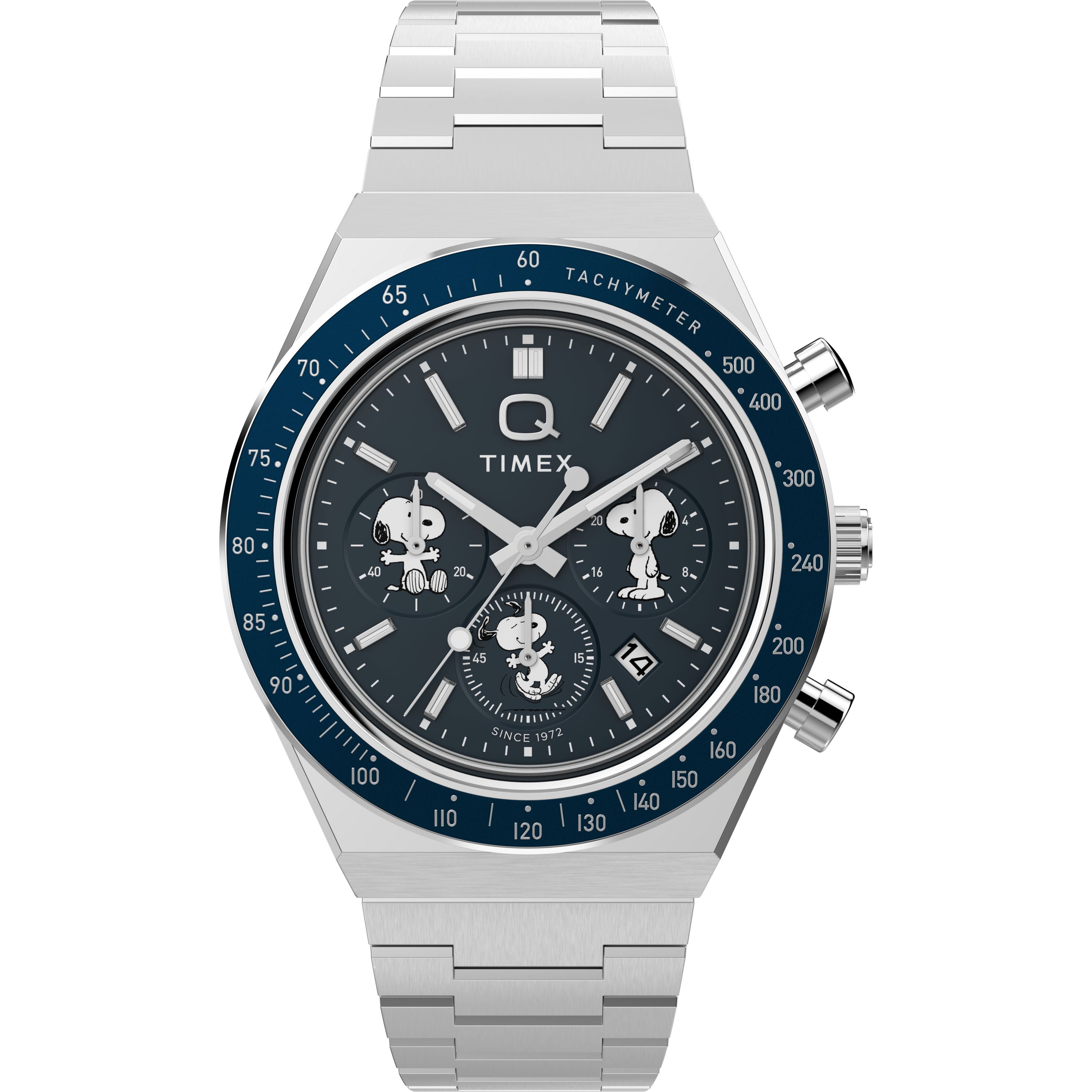 The Timex x Peanuts® Q Chronograph by Timex features a stainless-steel bracelet, blue bezel, dark blue dial with three subdials, chronograph movement, white markers, date window, and dual pushers.