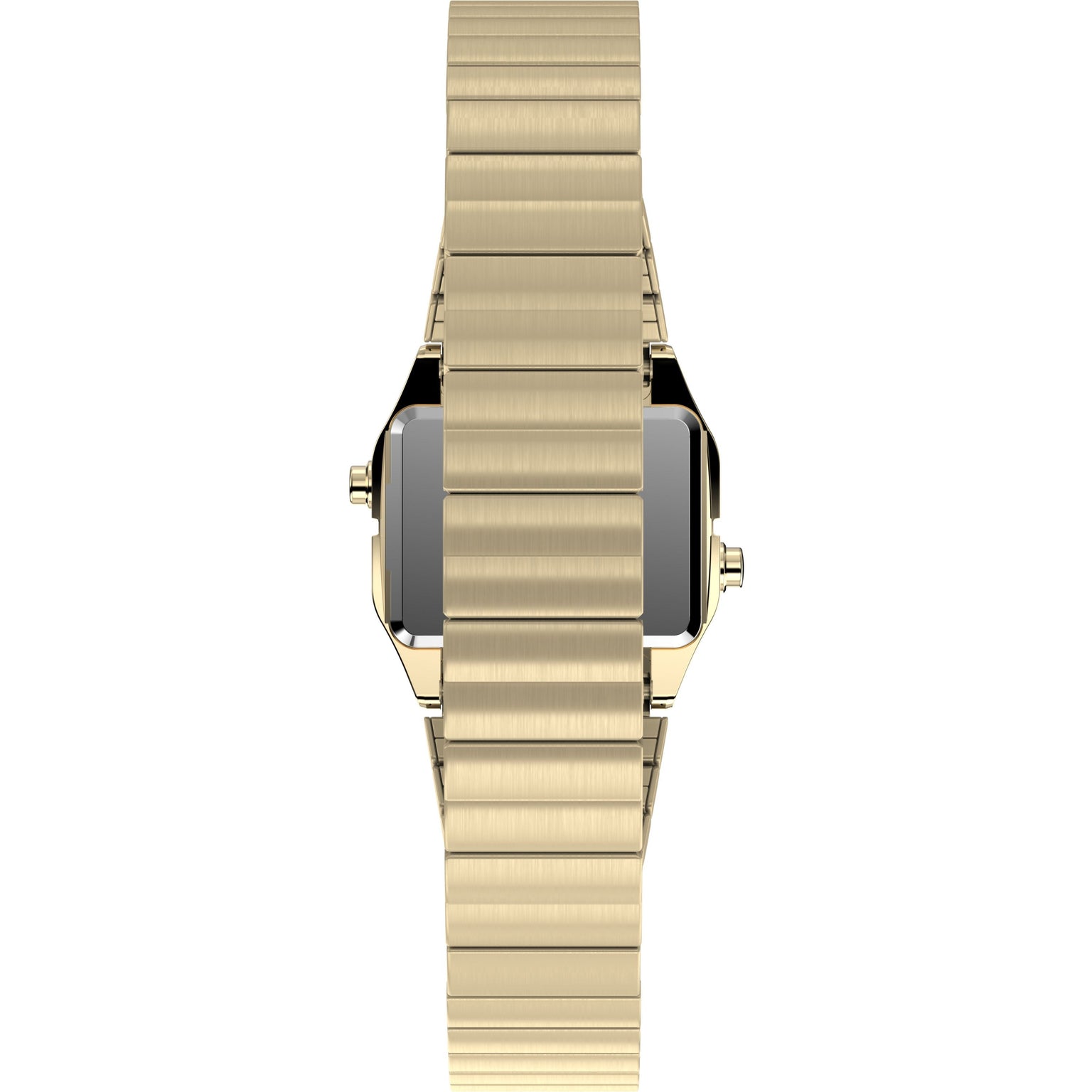 The Timex L SS QZ BW TEENY TINY 20 GLD DL/STP 25 gold wristwatch features a sleek, brushed metallic band and polished stainless-steel case edges, shown from the side with its watch face hidden.