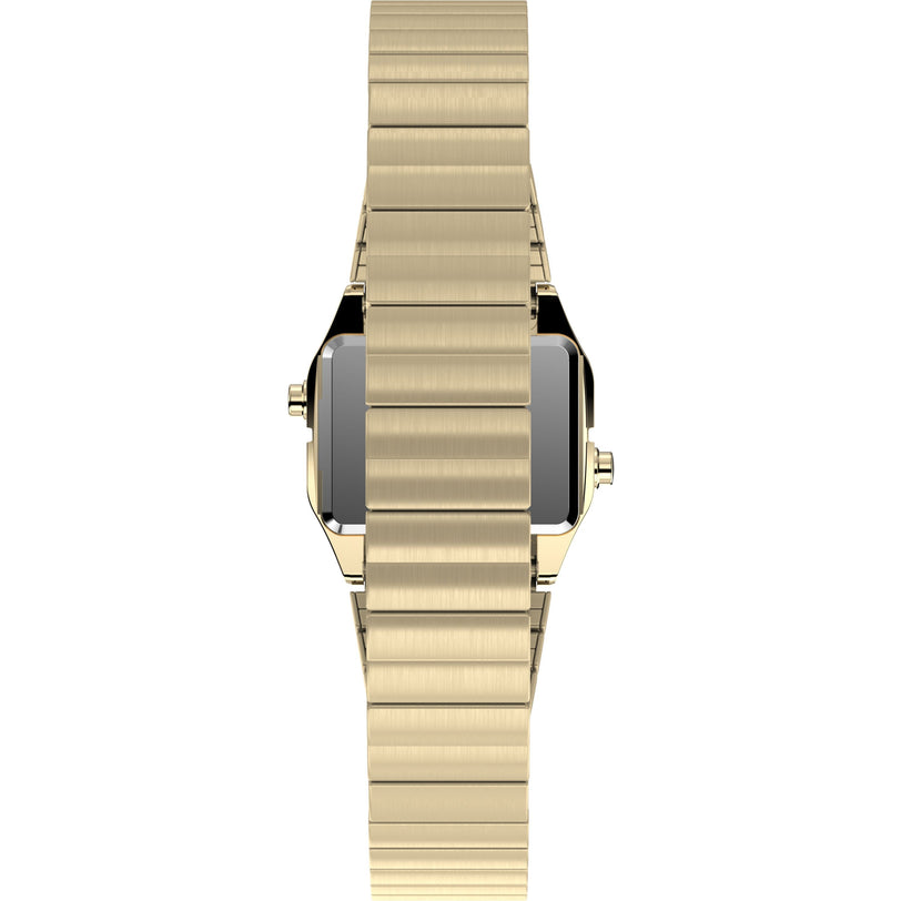 The Timex L SS QZ BW TEENY TINY 20 GLD DL/STP 25 gold wristwatch features a sleek, brushed metallic band and polished stainless-steel case edges, shown from the side with its watch face hidden.