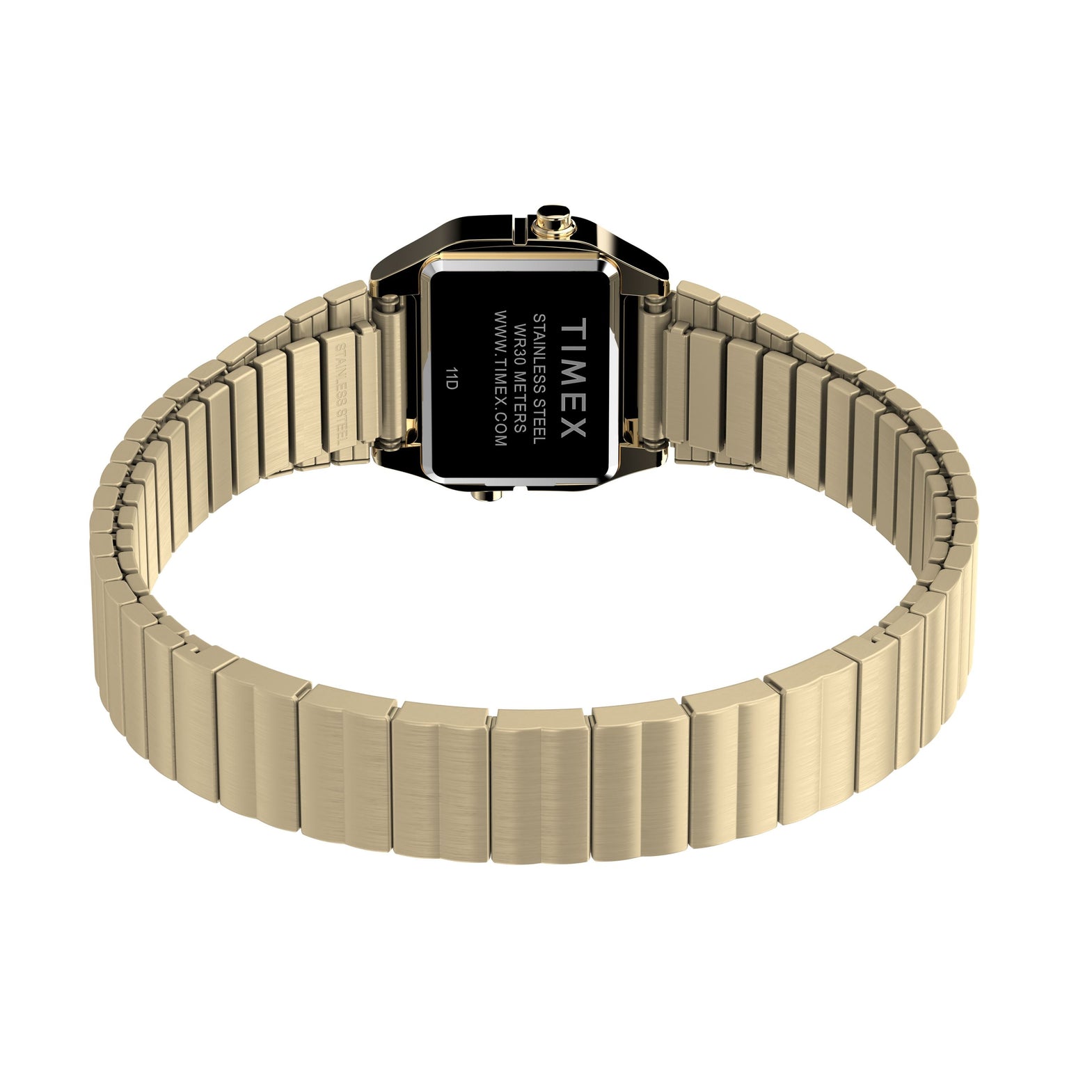 A Timex L SS QZ BW TEENY TINY 20 GLD DL/STP 25 gold-tone wristwatch is shown from the back, displaying a stainless-steel case and metal link band with the Timex name and website engraved on the caseback.