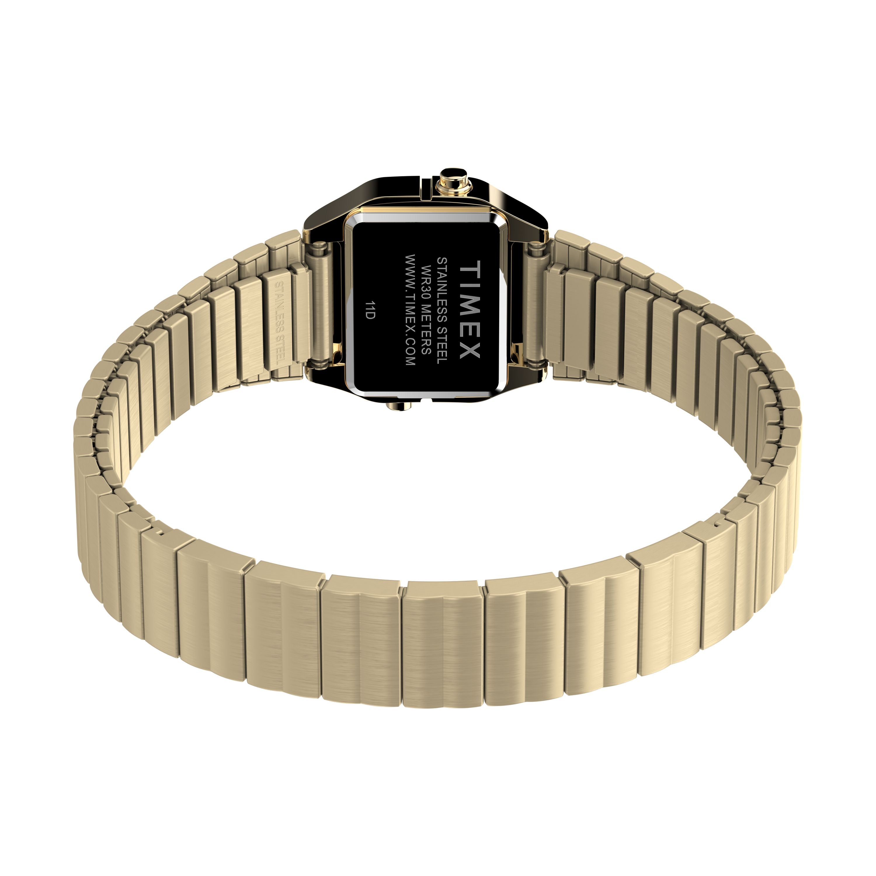 A Timex L SS QZ BW TEENY TINY 20 GLD DL/STP 25 gold-tone wristwatch is shown from the back, displaying a stainless-steel case and metal link band with the Timex name and website engraved on the caseback.