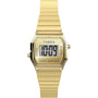 The Timex L SS QZ BW TEENY TINY 20 GLD DL/STP 25 is a gold digital wristwatch with a rectangular face showing 10:09, stainless-steel case, metal link band, and "Water Resistant" labeled on the face.