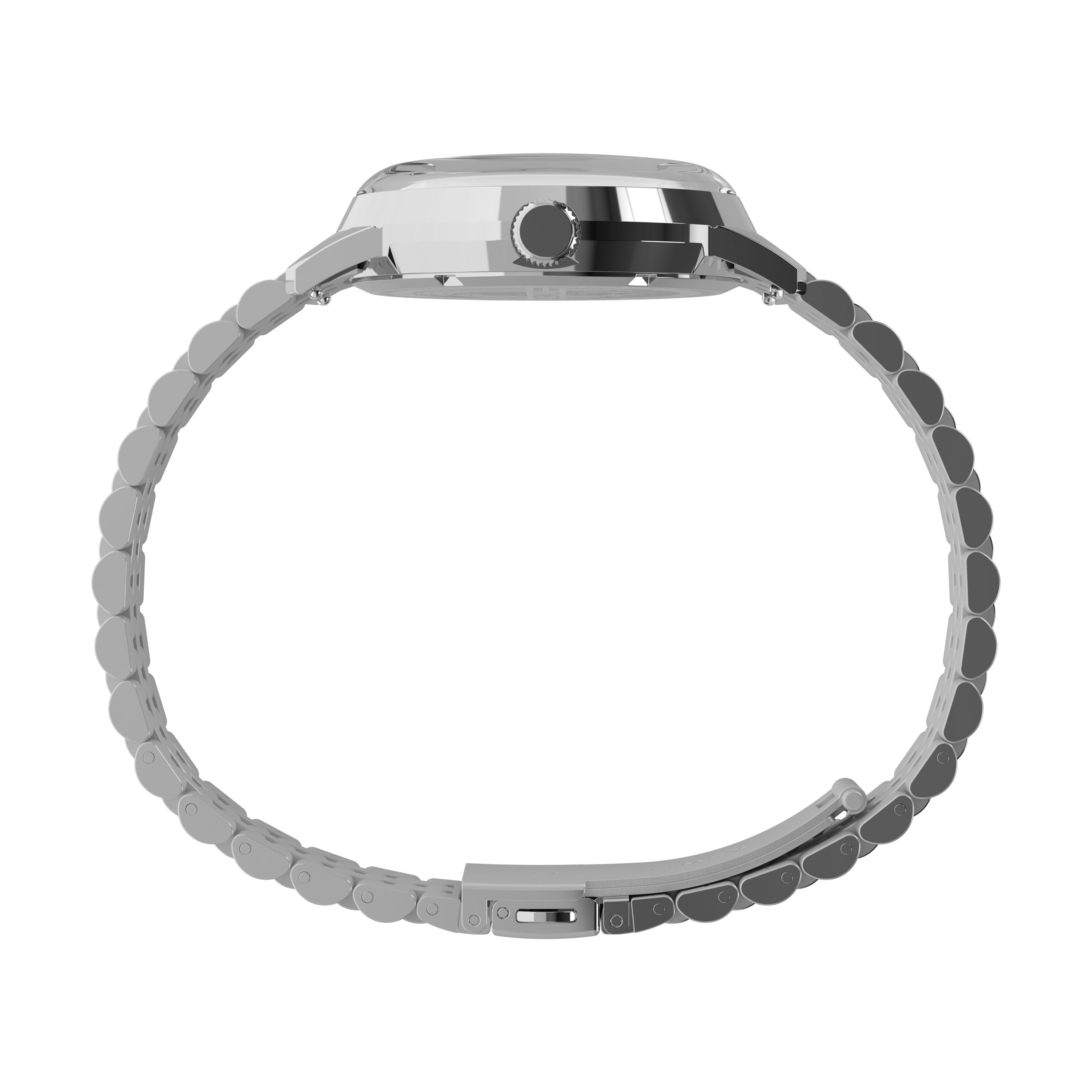 Side view of the Timex Marlin® Quartz GMT featuring a stainless steel case, metal link band, crown, and clasp—an elegant watch offering dual time zone functionality.