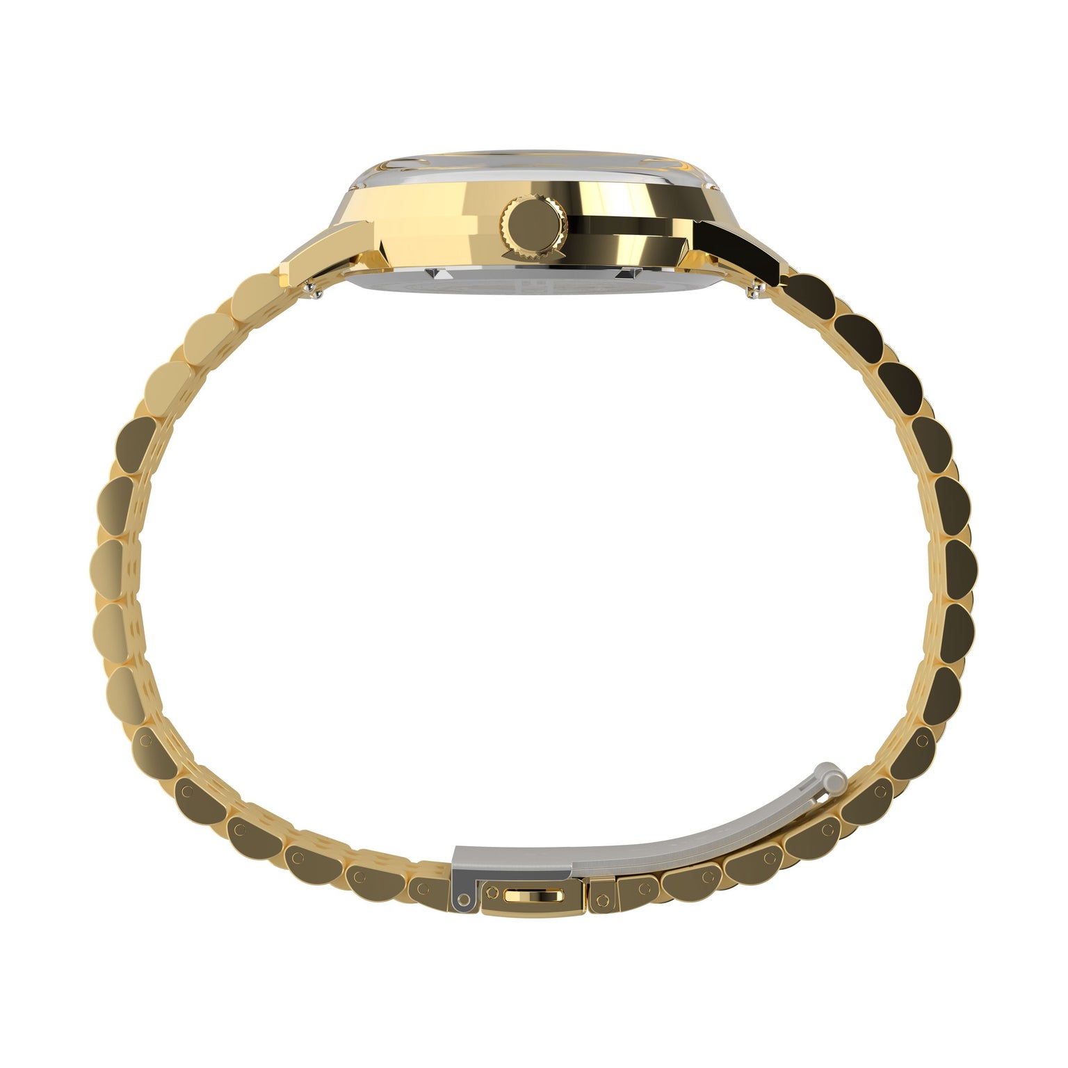 Side view of a Timex Marlin® Quartz GMT with a gold-tone case, linked stainless-steel bracelet, and gold crown and clasp, shown against a white background; the watch face is not visible.