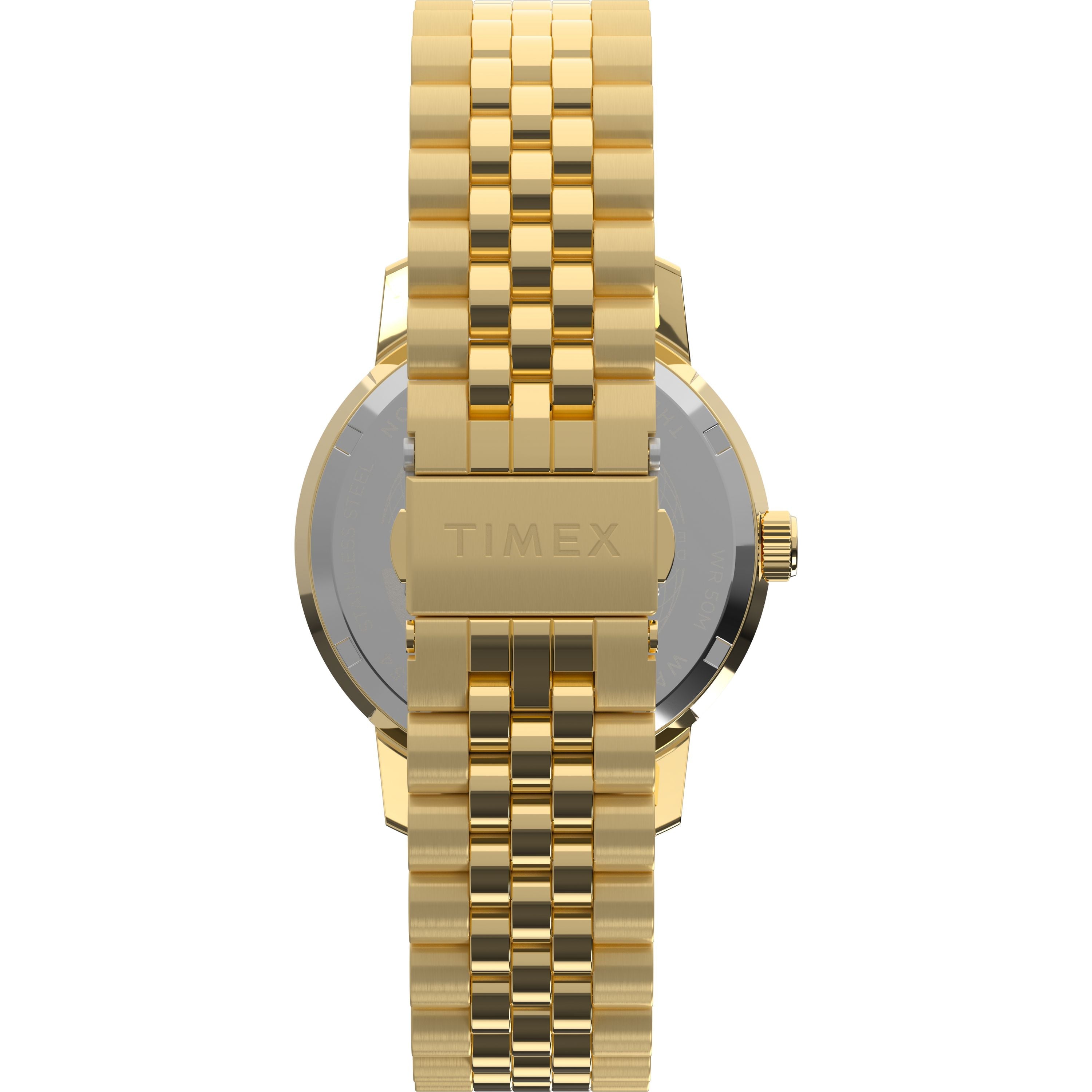 The Marlin® Quartz GMT by Timex is shown from the back, showcasing its stainless-steel bracelet and a clasp engraved with TIMEX, with parts of the watch case and crown also visible.