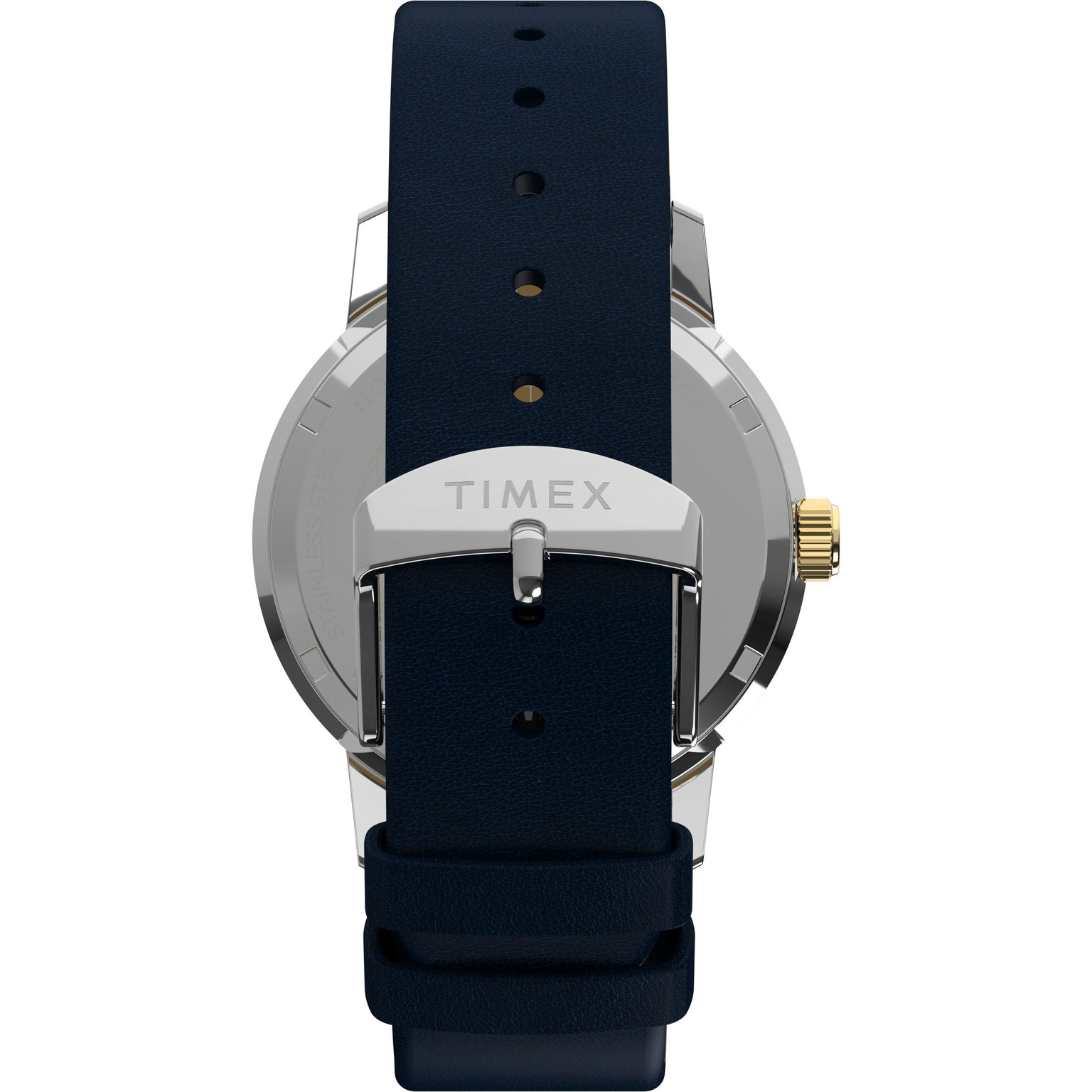 A close-up of the Timex Marlin® Quartz GMT wristwatch shows its navy blue leather strap, silver buckle engraved with TIMEX, gold-toned crown, and a vintage-inspired domed acrylic crystal on the case back.