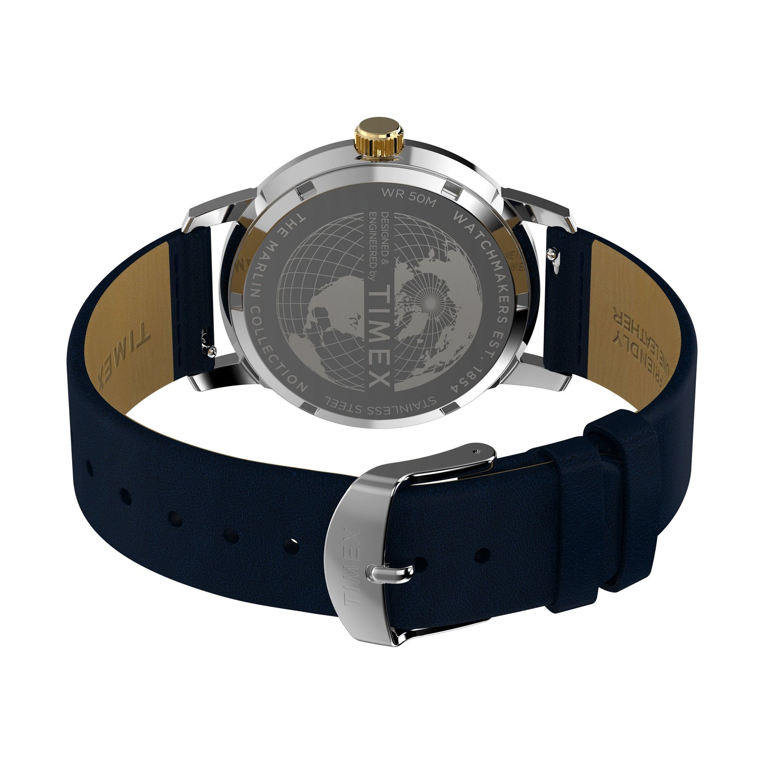 The Timex Marlin® Quartz GMT watch features a navy blue leather strap, gold-colored crown, and silver buckle. Its stainless steel case back is engraved with a world map, brand logo, and technical details. The watch offers dual time zone functionality.