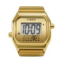 The Timex MM6 Gold Tone Digital Ring Watch shows 10:09 on its rectangular face, features a numeric calendar below the display, and has a metallic gold band.