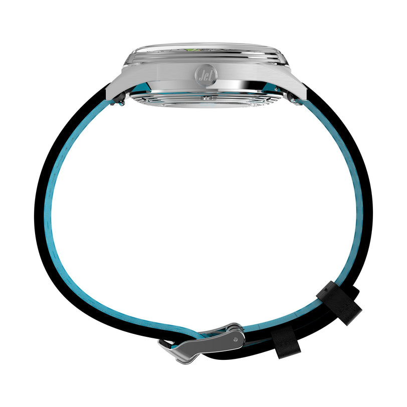 Side view of the Timex Marlin Jet Automatic x The Jetsons watch, featuring a silver case, black strap with blue lining, and displayed open in a circular shape on a white background. Design inspired by The Jetsons.